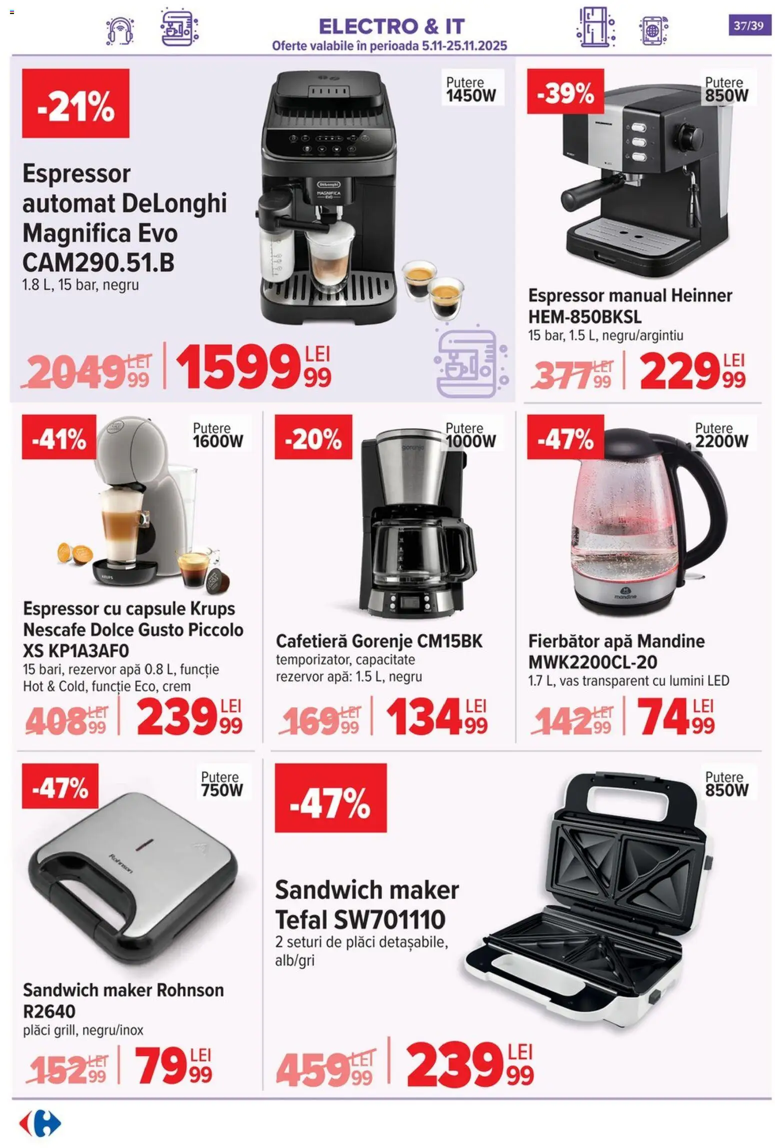 Noul catalog Carrefour – valabil de la 19.11.2025 | Pagină: 37 | Produse: Espressor, Cafetieră, Babak, Apă