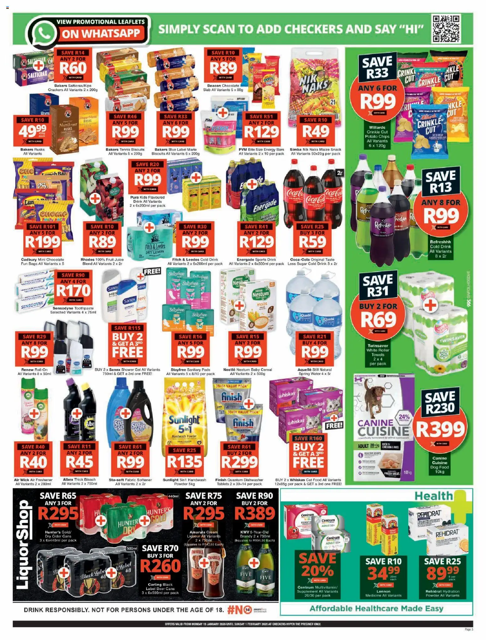 New Checkers catalogue – valid from 19.01.2026 | Page: 3 | Products: Handwash, Pads, Water, Fruit
