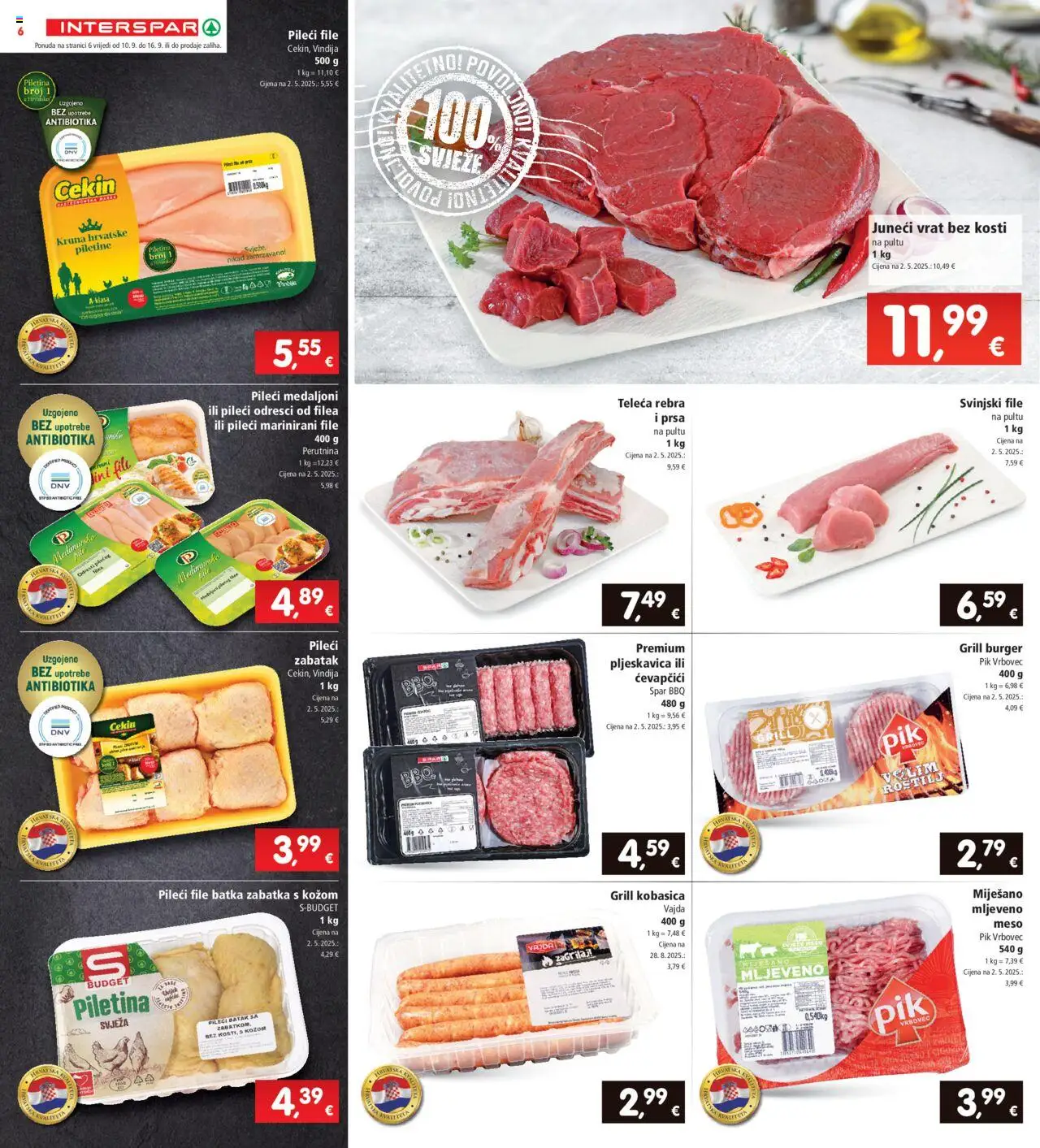 Interspar katalog | vrijedi od 10.09.2025 | Stranica: 6 | Proizvodi: Vindija, Pileći file, Piletina, Pik Vrbovec