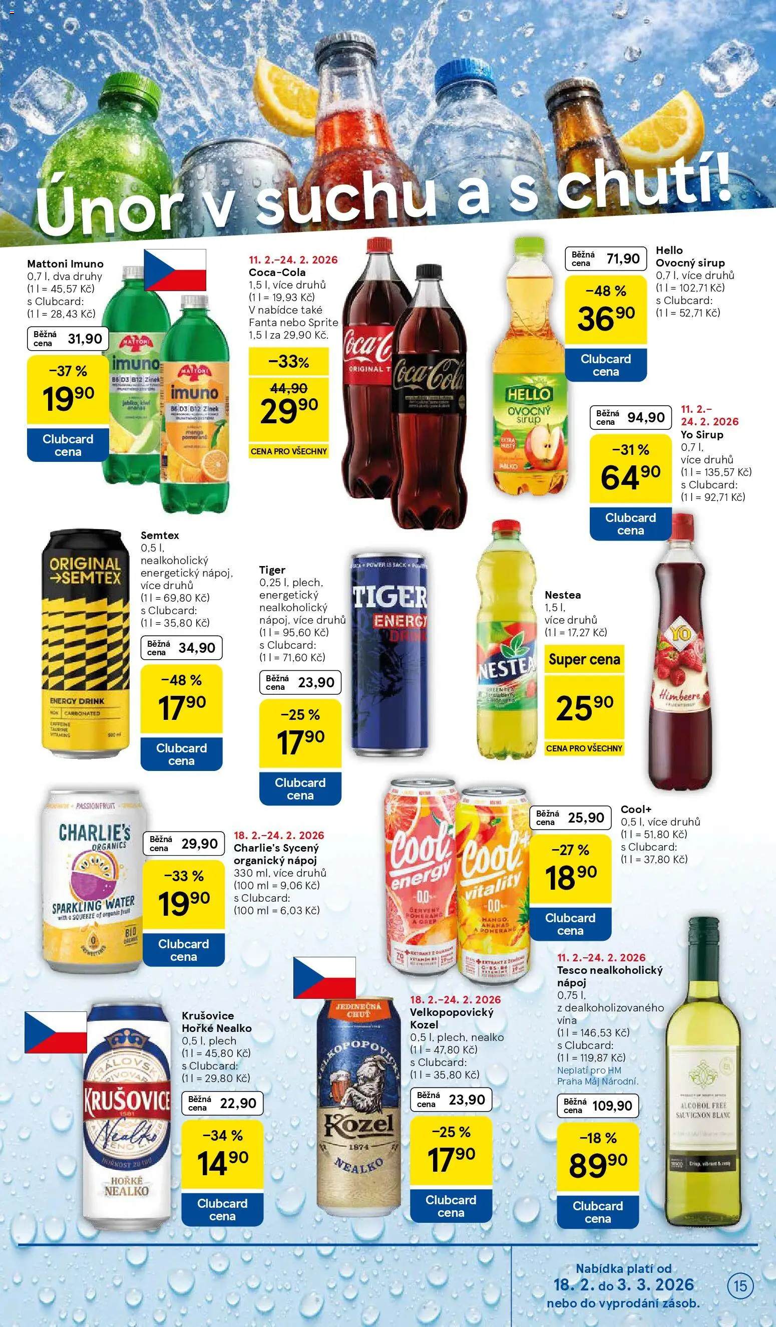 Tesco leták - Hypermarket od 18.02.2026 | Strana: 15 | Produkty: Tiger, Kozel, Yo sirup, Ovocný sirup