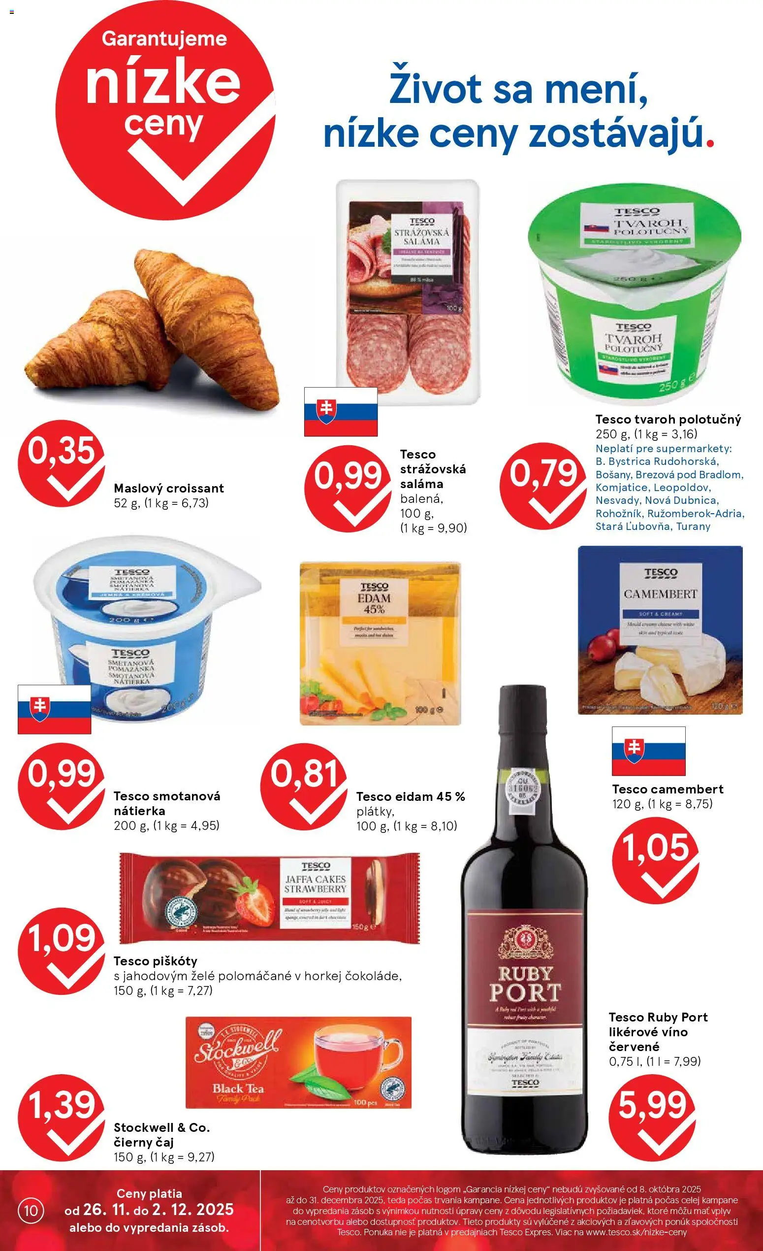 Nové Tesco akcie – leták je platný od 26.11.2025 | Strana: 10 | Produkty: Saláma, Víno, Croissant, Eidam
