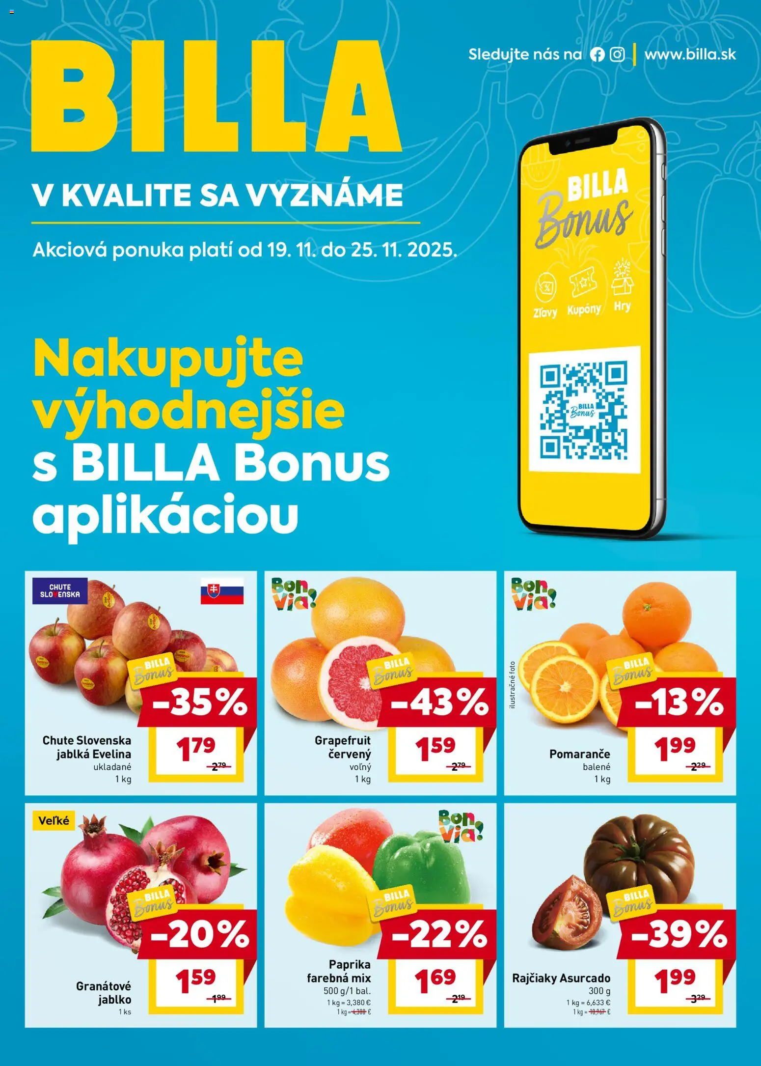 Nové Billa akcie – leták je platný od 19.11.2025 | Strana: 1 | Produkty: Paprika, Jablká, Pomaranče, Grapefruit