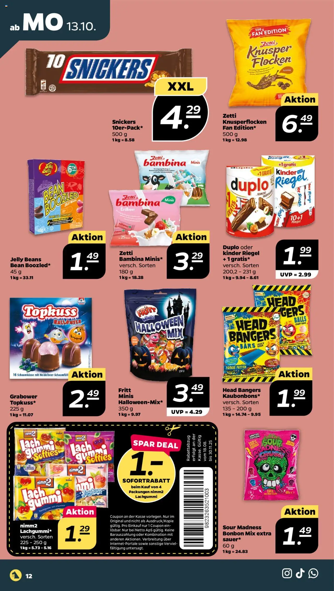 Netto Prospekt 	 – gültig ab 13.10.2025 | Seite: 12 | Produkte: Joghurt, Kinder riegel, Snickers, Flocken