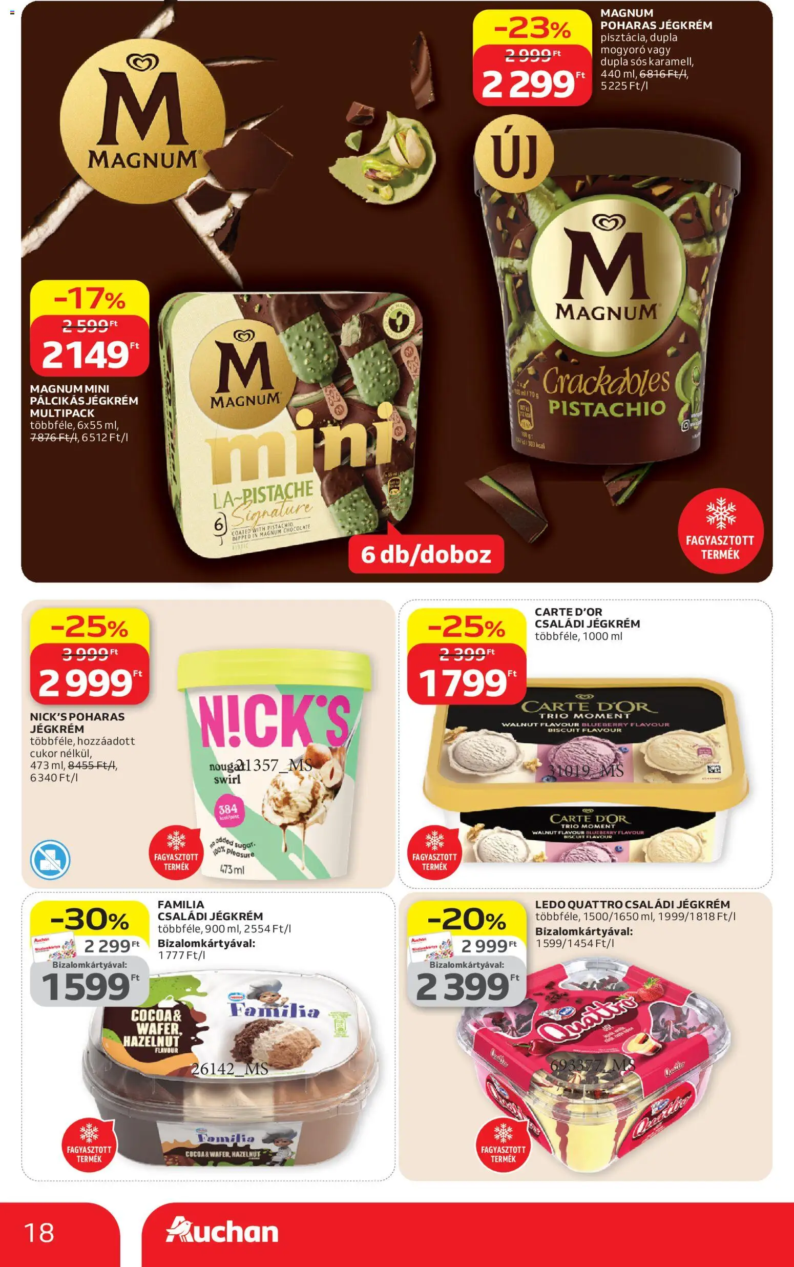 Auchan akciós ujság - amely érvényes a következő dátumtól: 09.04.2026 | Oldal: 18 | Termékek: Magnum, Mogyoró, Jégkrém, Cukor