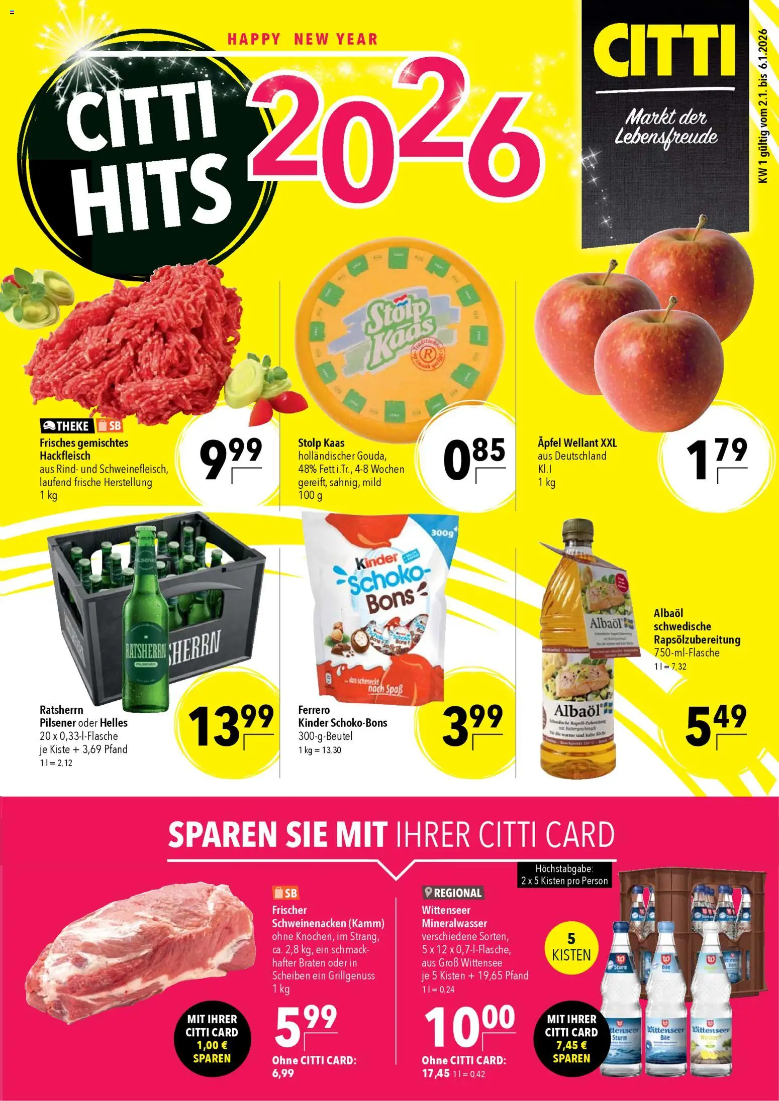 CITTI Markt Prospekt 	 – gültig ab 02.01.2026 | Seite: 3 | Produkte: Theke, Schweinenacken, Äpfel, Hackfleisch