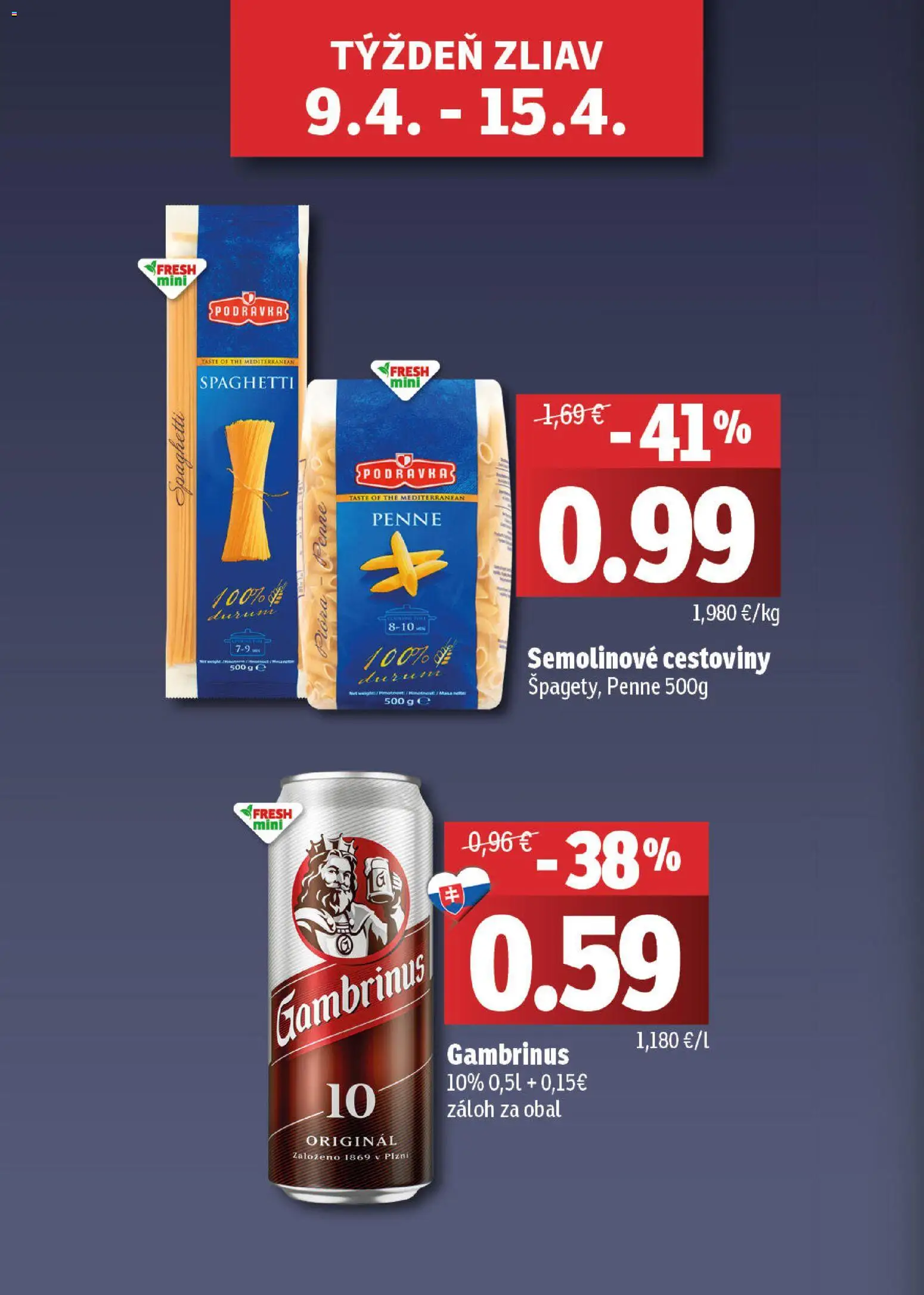 Nové Fresh akcie – leták je platný od 09.04.2026 | Strana: 2 | Produkty: Penne, Cestoviny, Gambrinus