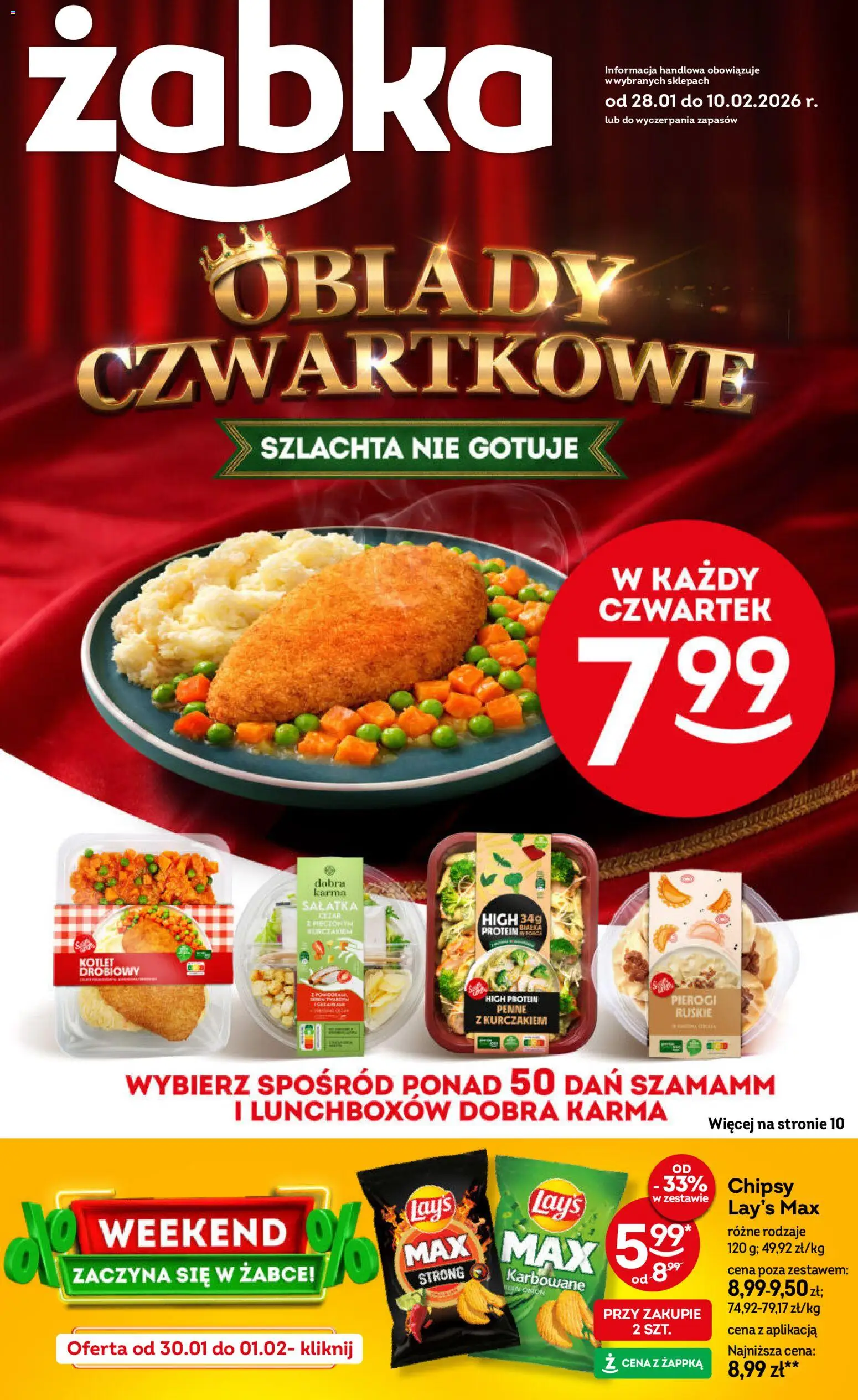 Żabka Gazetka od 28.01.2026 | Strona: 1 | Produkty: Chipsy, Pierogi, Penne, Sałatka