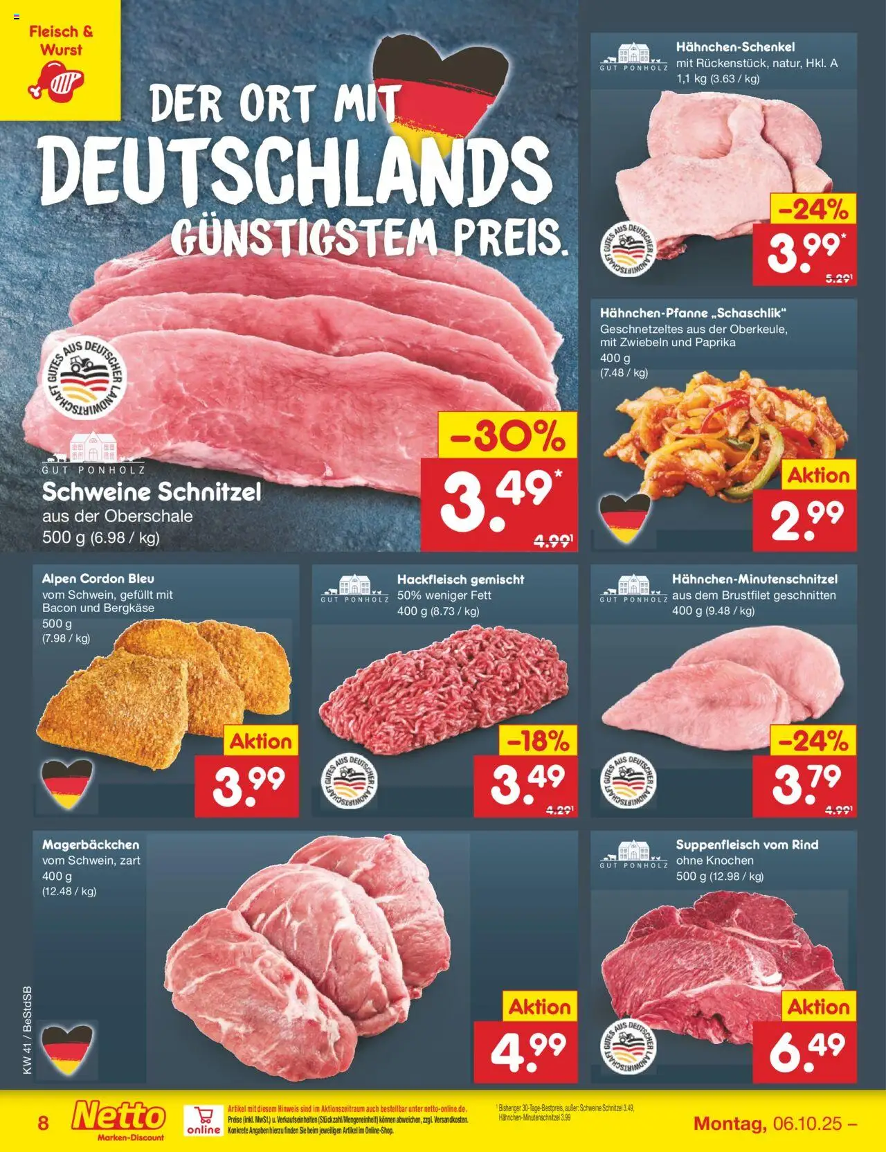 Netto Marken-Discount Prospekt 	 – gültig ab 06.10.2025 | Seite: 10 | Produkte: Hahnchenschenkel, Schnitzel, Zwiebeln, Wurst