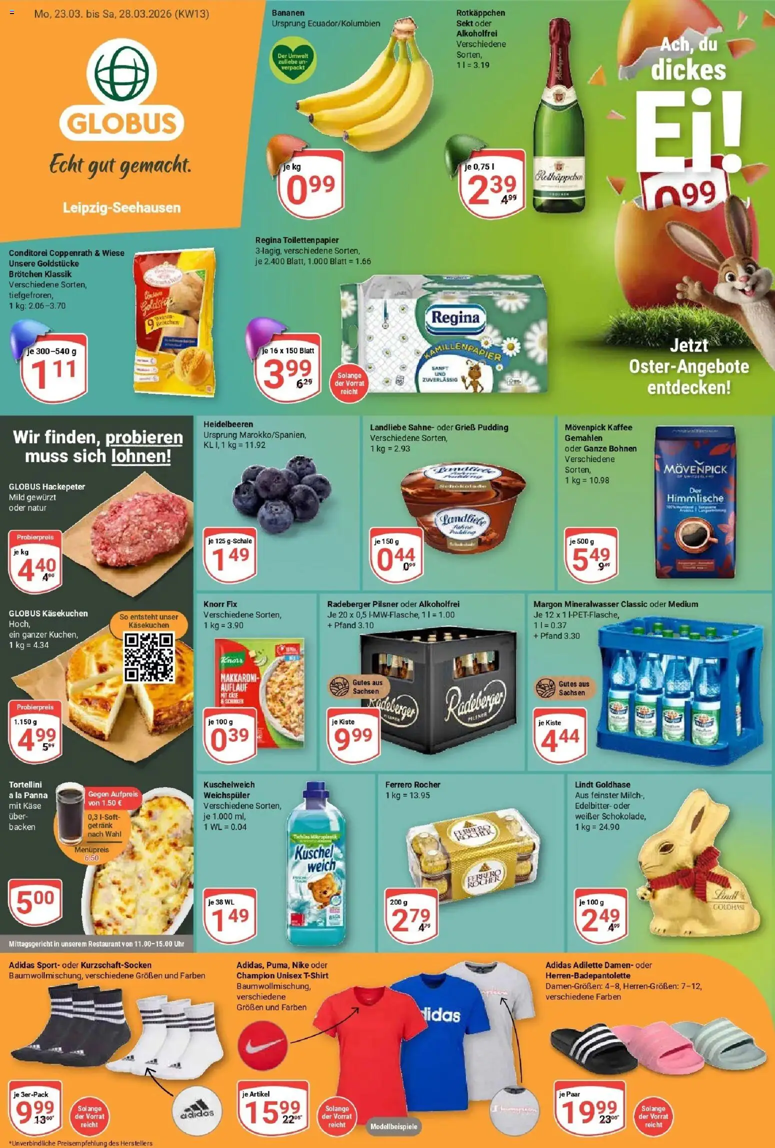 Globus prospekt Leipzig	 – gültig ab 23.03.2026 | Seite: 1 | Produkte: Ferrero rocher, Mineralwasser, Lindt, Radeberger pilsner