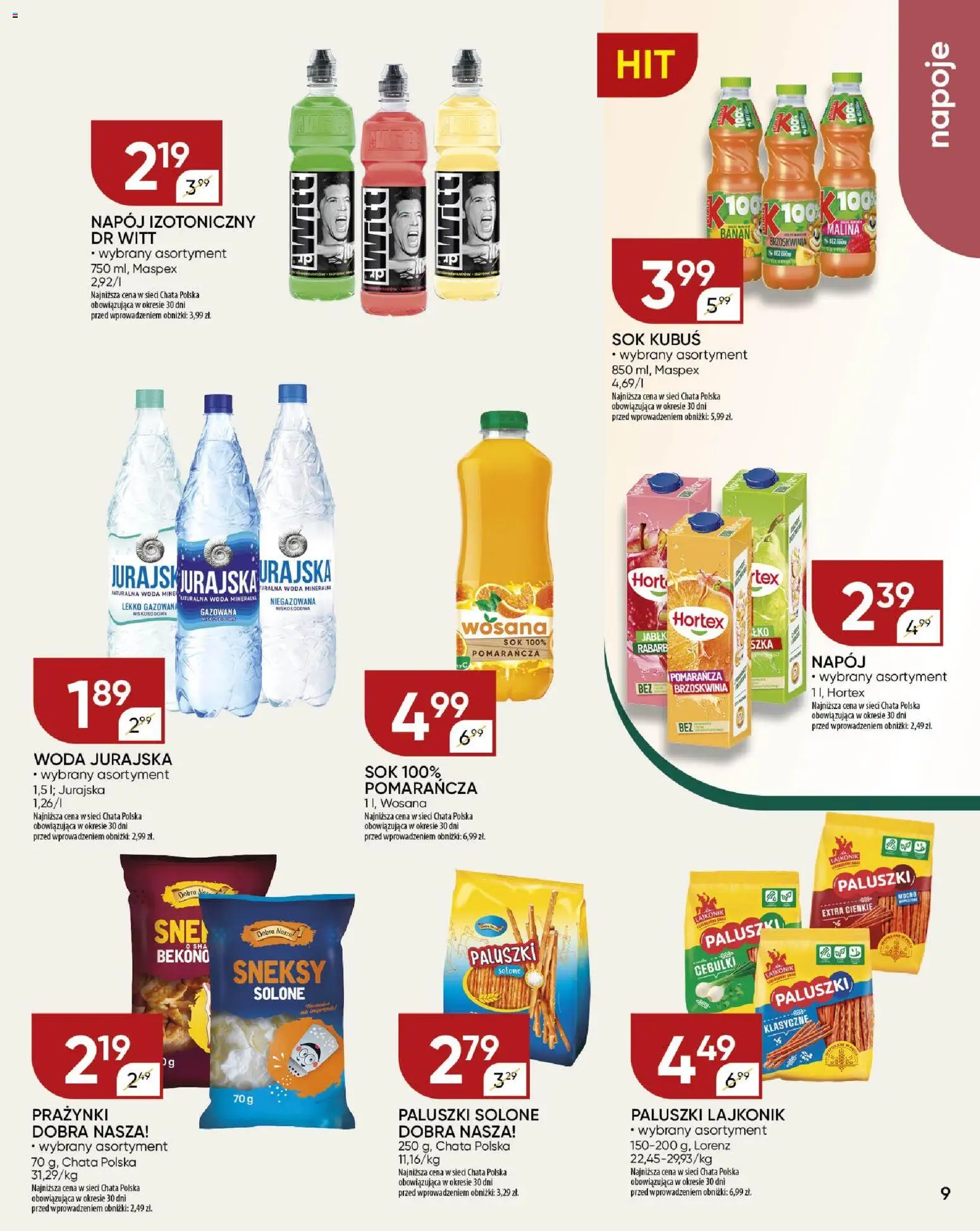 Chata Polska Gazetka od 08.01.2026 | Strona: 9 | Produkty: Malina, Napoje, Paluszki, Woda