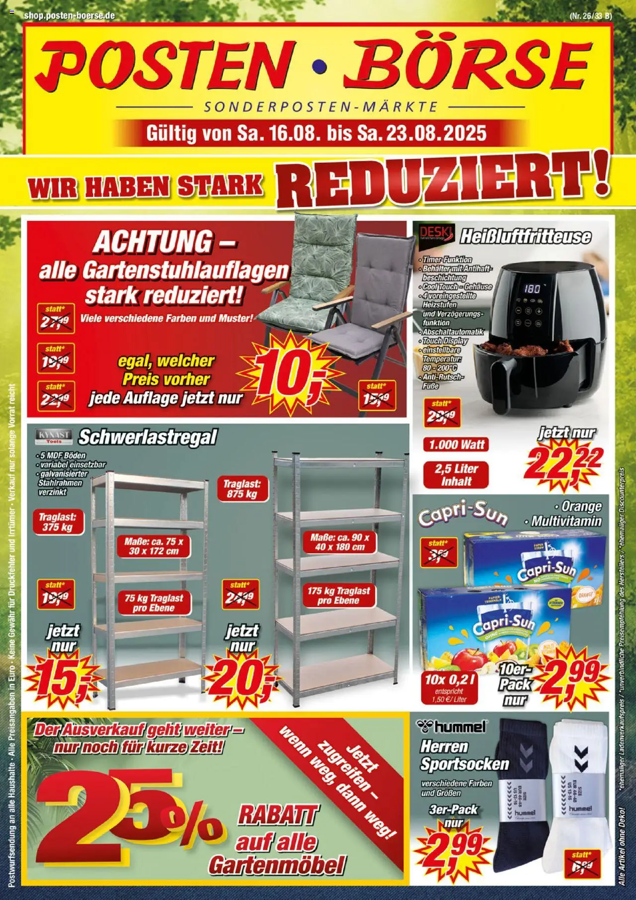 Posten Börse Prospekt 	 - gültig ab dem 16.08.2025 | Seite: 1 | Produkte: Gartenmöbel, Schwerlastregal, Heißluftfritteuse
