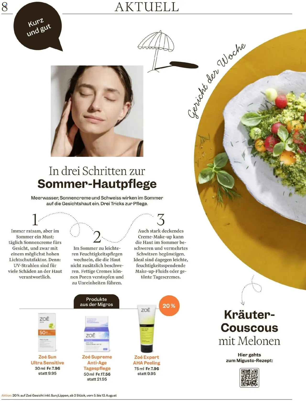 Migros - Magazin ab 05.08.2025 | Seite: 8 | Produkte: Peeling, Sonnencreme