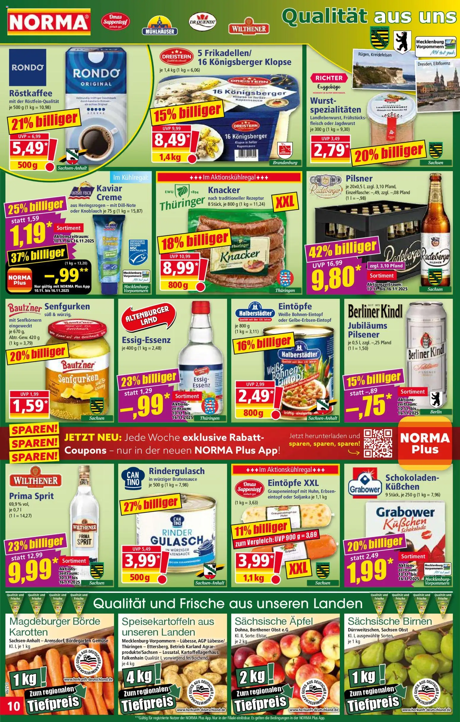 Norma Prospekt 	 – gültig ab 10.11.2025 | Seite: 10 | Produkte: Rindergulasch, Creme, Fisch, Erbsen