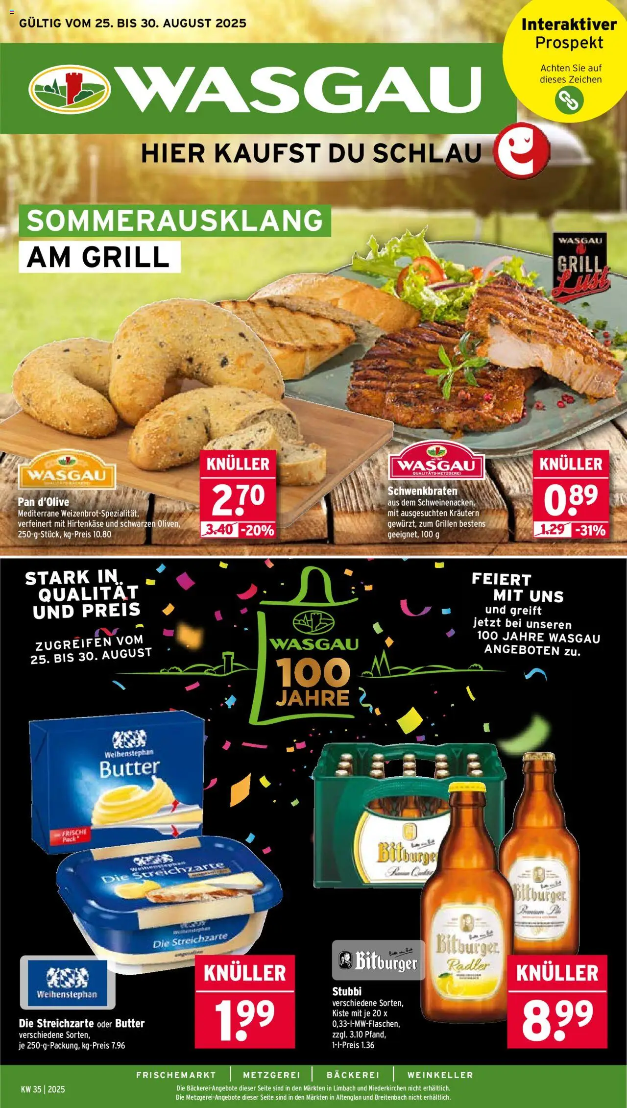 Wasgau Prospekt 	 - gültig ab dem 25.08.2025 | Seite: 1 | Produkte: Grill, Bäckerei, Butter, Radler