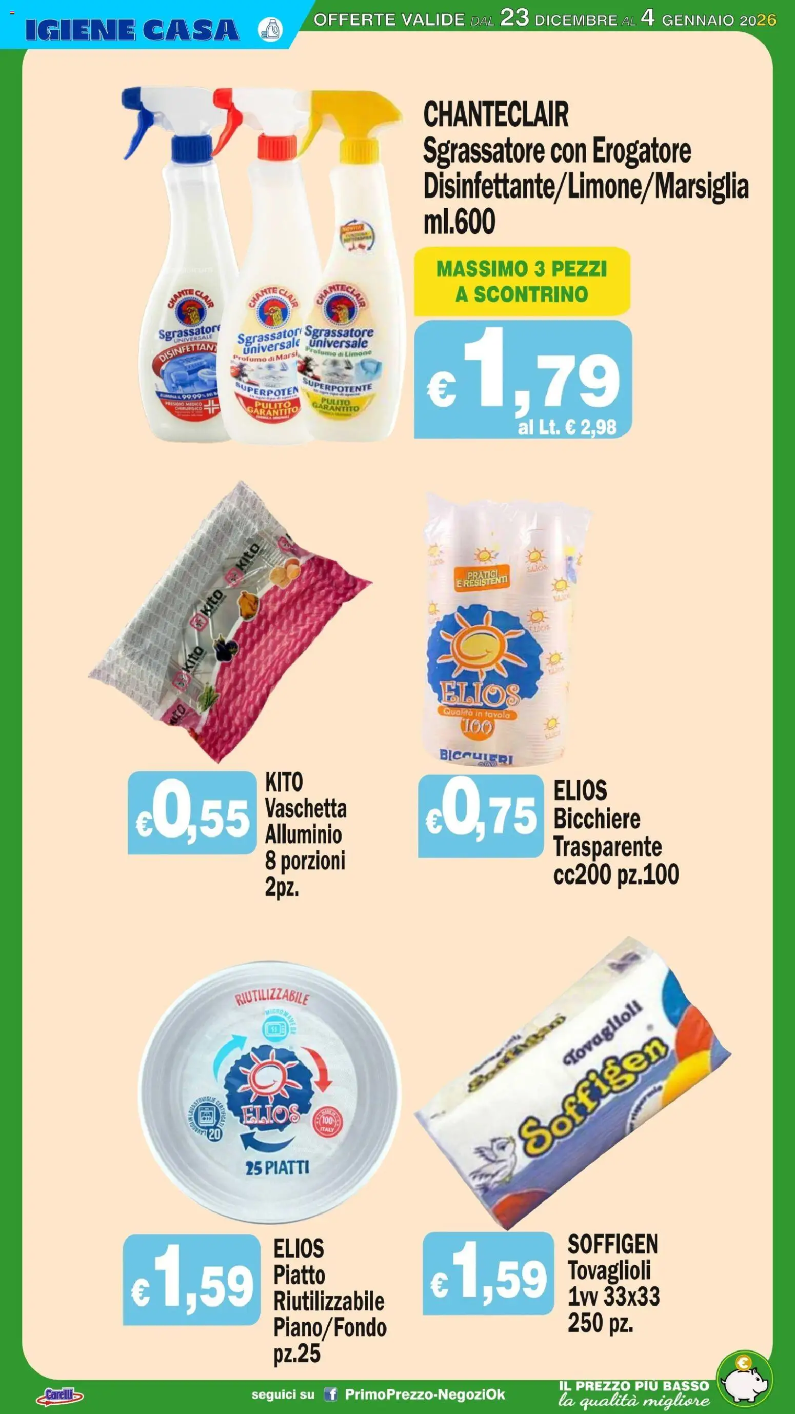 Volantino Primo Prezzo del 23.12.2025 | Pagina: 23 | Prodotti: Sgrassatore, Limone, Piatto, Alluminio