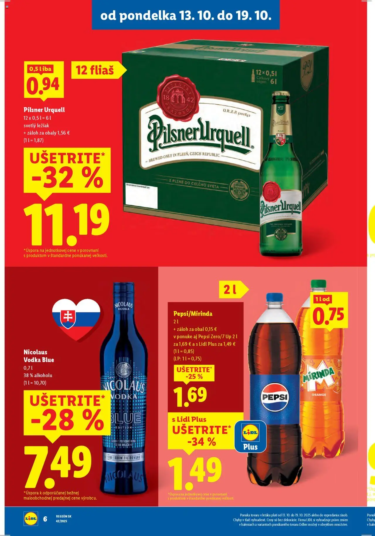 Nové Lidl akcie – leták je platný od 13.10.2025 | Strana: 8 | Produkty: Pilsner Urquell, Vodka, Pepsi, Mirinda