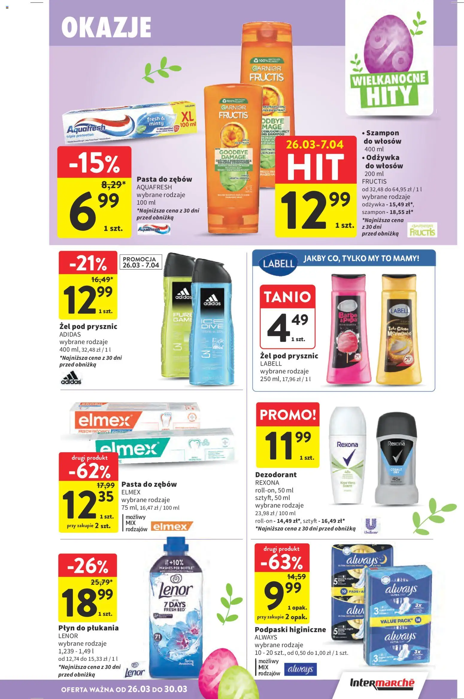 Intermarche gazetka od 26.03.2026 | Strona: 43 | Produkty: Podpaski, Prysznic, Odżywka, Pasta do zębów