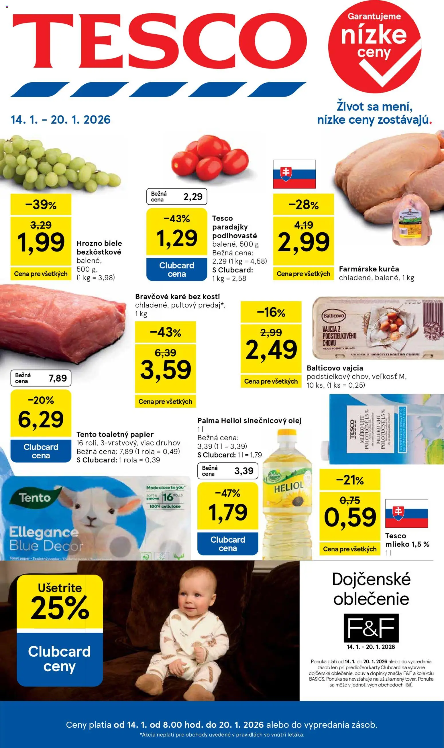 Nové Tesco akcie – leták je platný od 14.01.2026 | Strana: 1 | Produkty: Mlieko, Paradajky, Slnečnicový olej, Bravčové karé