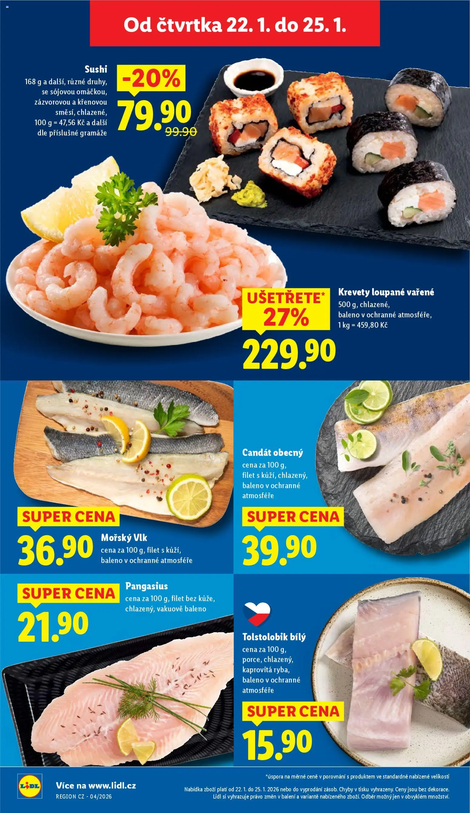 Lidl leták od 22.01.2026 | Strana: 10 | Produkty: Krevety loupané, Candát, Sushi, Filet