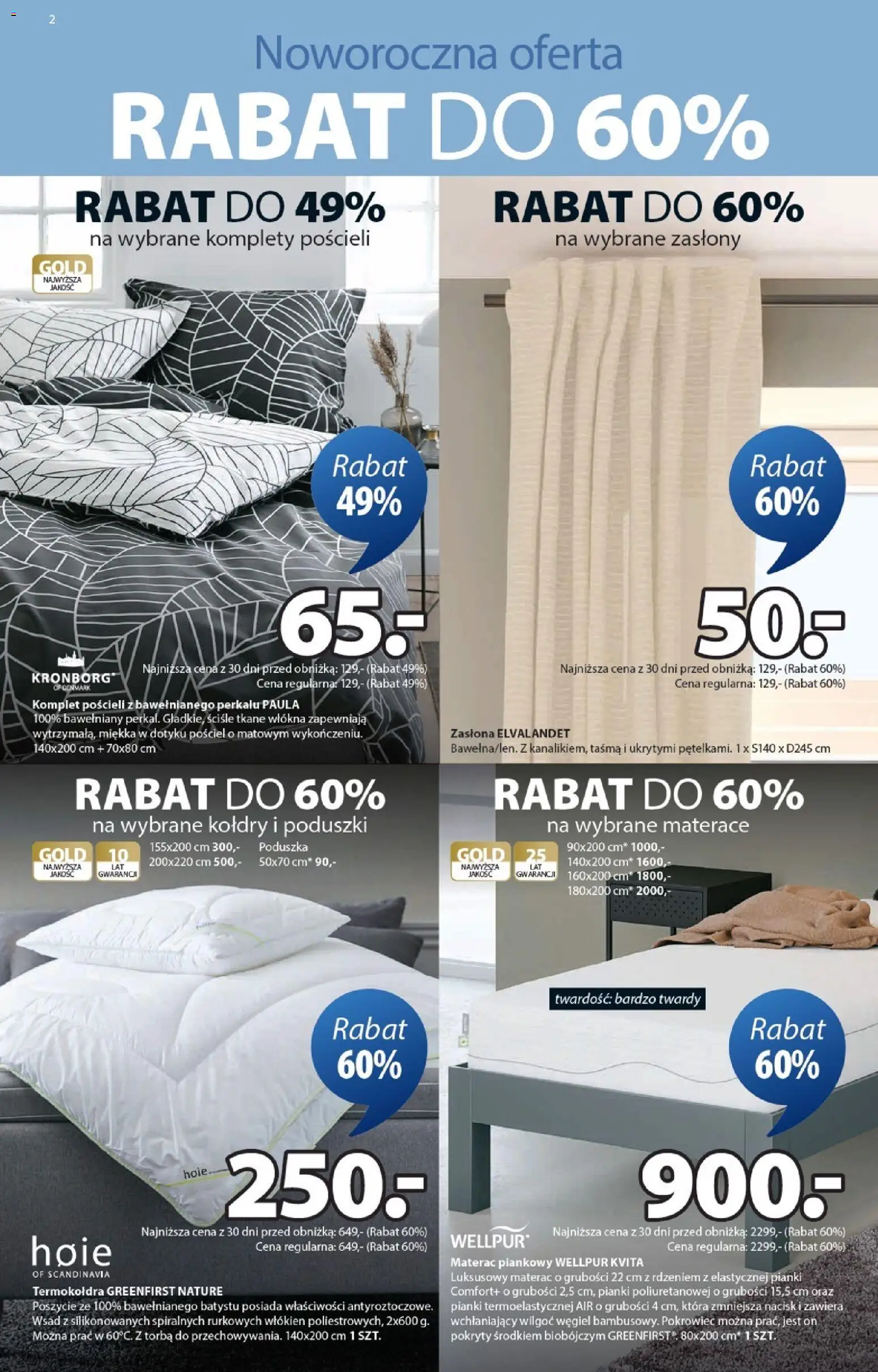 JYSK Gazetka od 31.12.2025 | Strona: 2 | Produkty: Pościel, Materac, Pianki, Zasłony