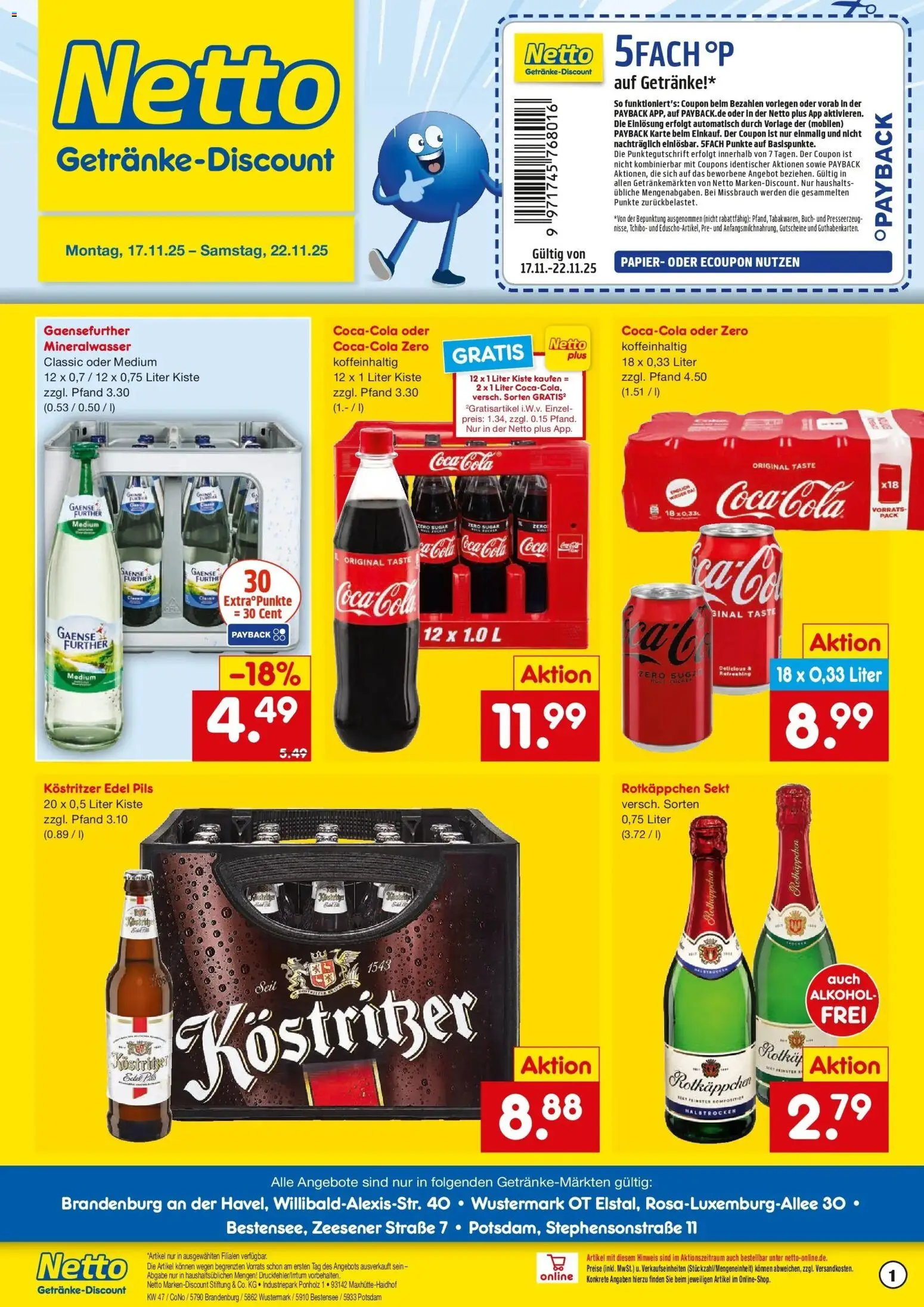 Netto Marken-Discount prospekt Brandenburg An Der Havel	 – gültig ab 17.11.2025 | Seite: 1 | Produkte: Coca cola, Kostritzer, Sekt, Rotkäppchen