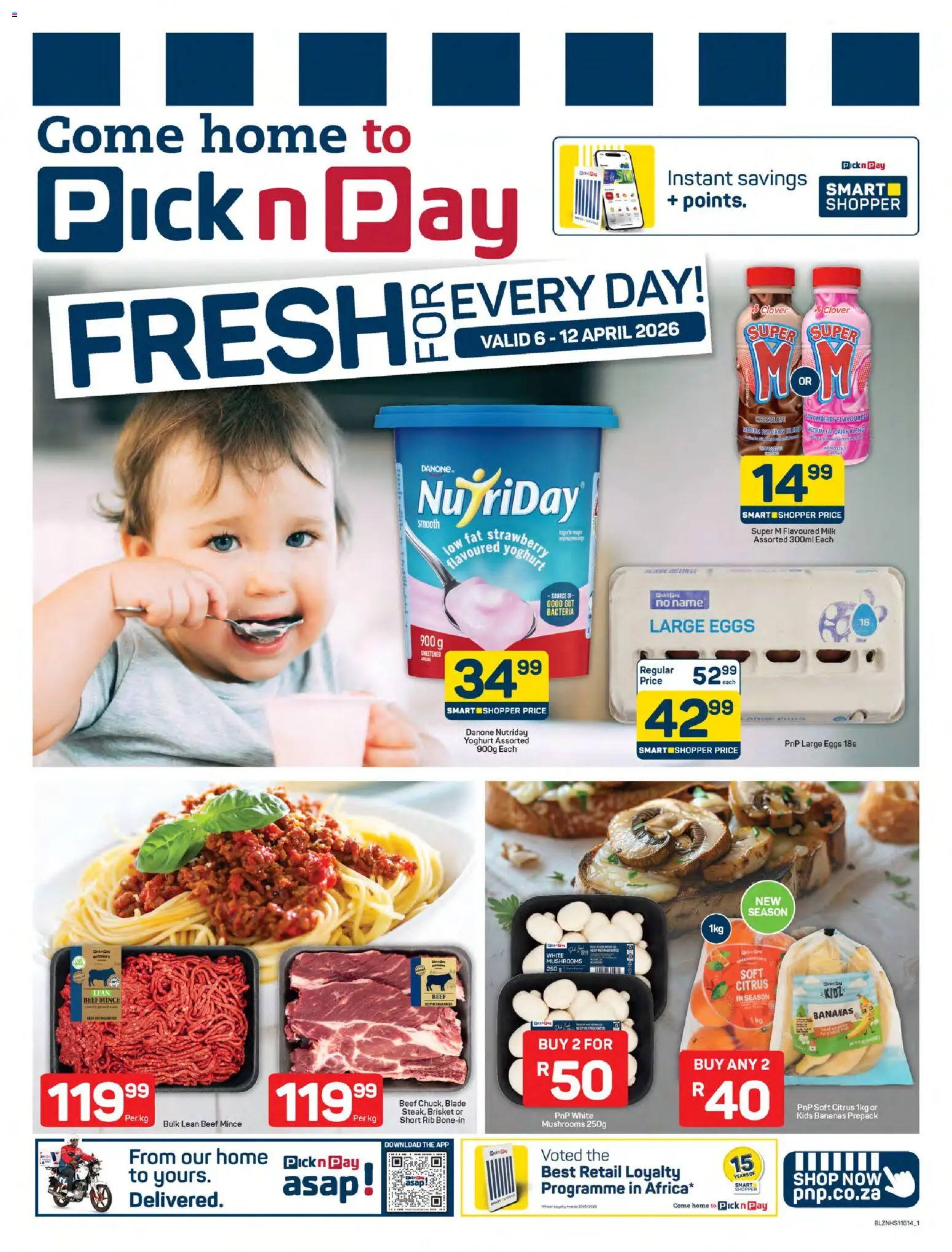 New Pick n Pay catalogue – valid from 06.04.2026 | Page: 1 | Products: Mushrooms, Yoghurt, Bananas, Dairy blend