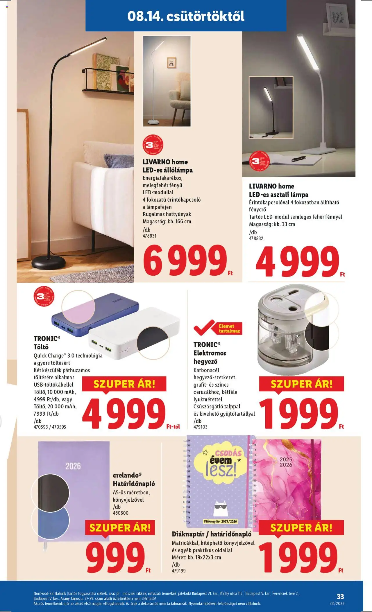 Lidl akciós ujság - amely érvényes a következő dátumtól: 14.08.2025 | Oldal: 33 | Termékek: Állólámpa, Lámpa, Asztali lámpa, Töltő