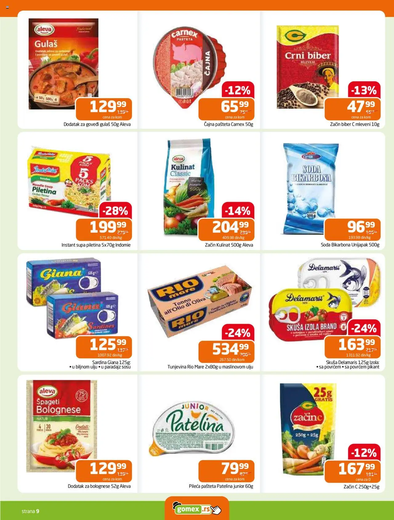 Gomex katalog - važi od 08.10.2025 | Strana: 9 | Proizvode: Skuša, Špageti, Piletina, Pašteta
