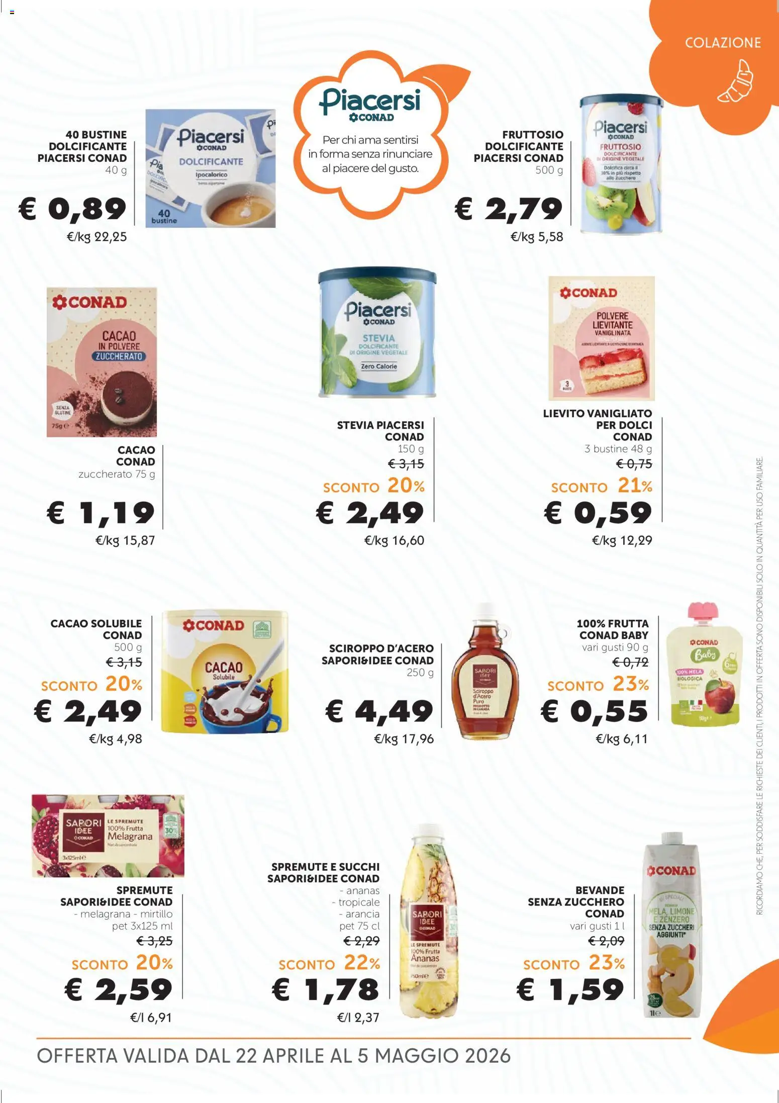 Volantino Conad del 22.04.2026 | Pagina: 5 | Prodotti: Dolcificante, Stevia, Limone, Cacao