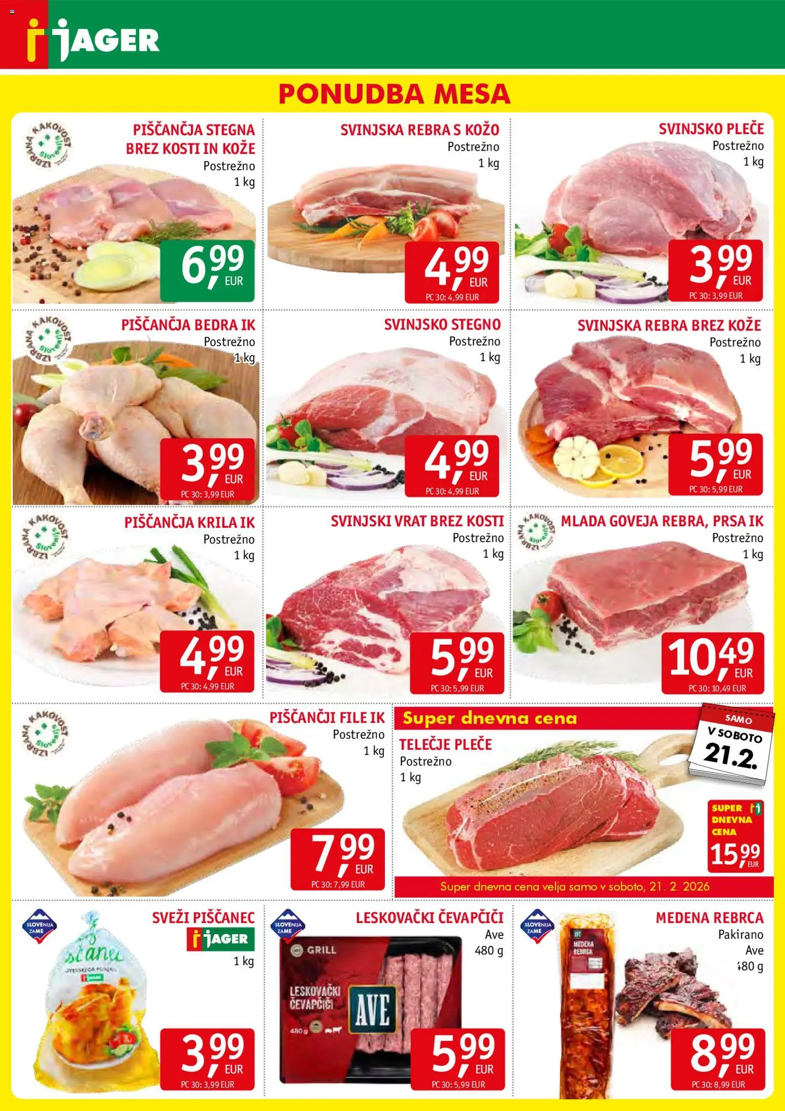 Novi Jager katalog ponudbe – veljaven od 18.02.2026 | Stran: 3 | Izdelki: Rebrca, Čevapčiči, Piščančja bedra, Grill