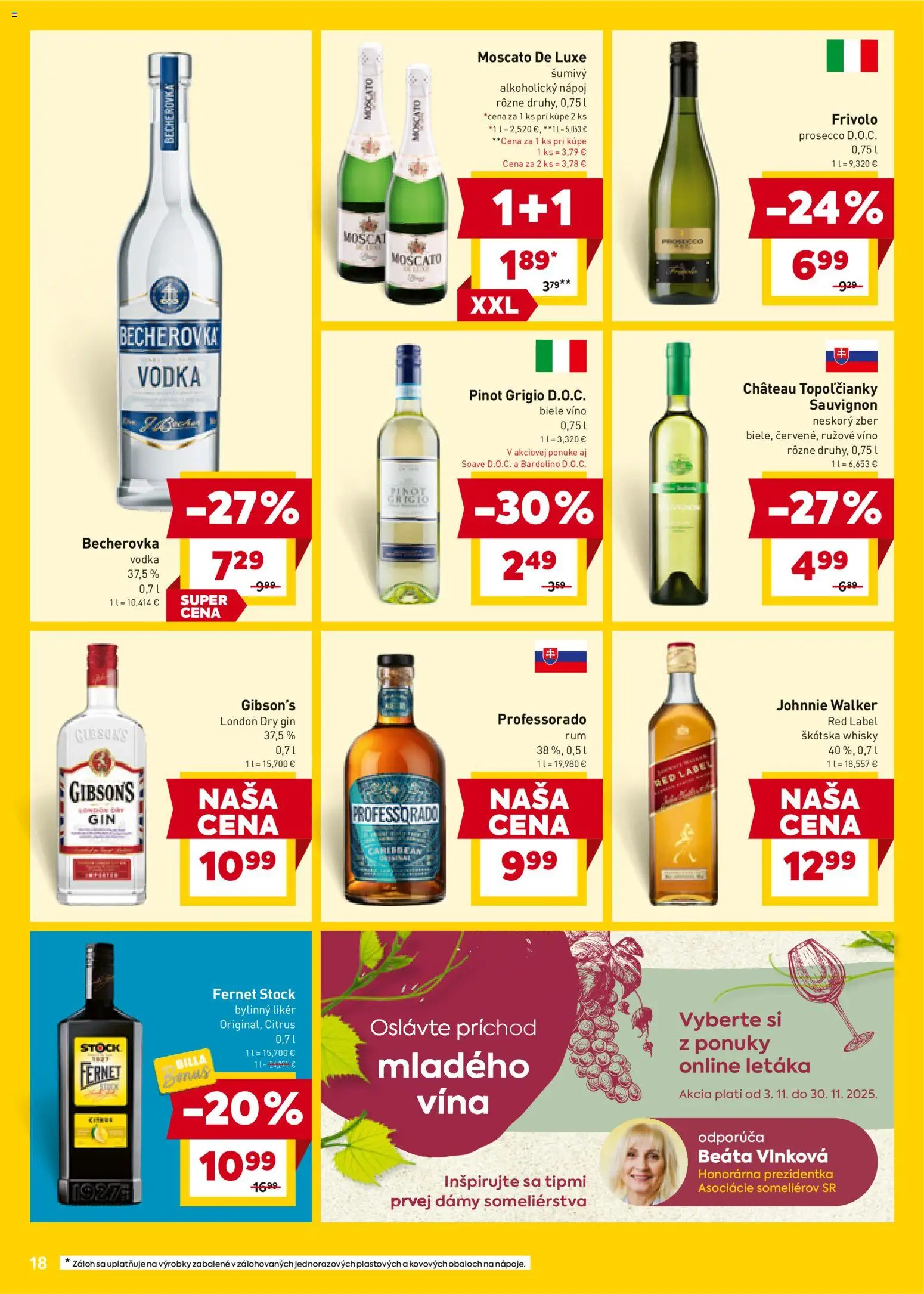 Nové Billa akcie – leták je platný od 05.11.2025 | Strana: 18 | Produkty: Víno, Prosecco, Whisky, Fernet