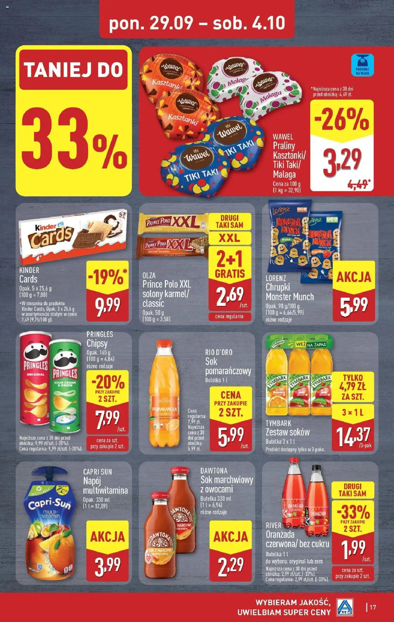 Aldi Gazetka od 29.09.2025 | Strona: 17 | Produkty: Chrupki, Praliny, Pringles, Sok marchwiowy