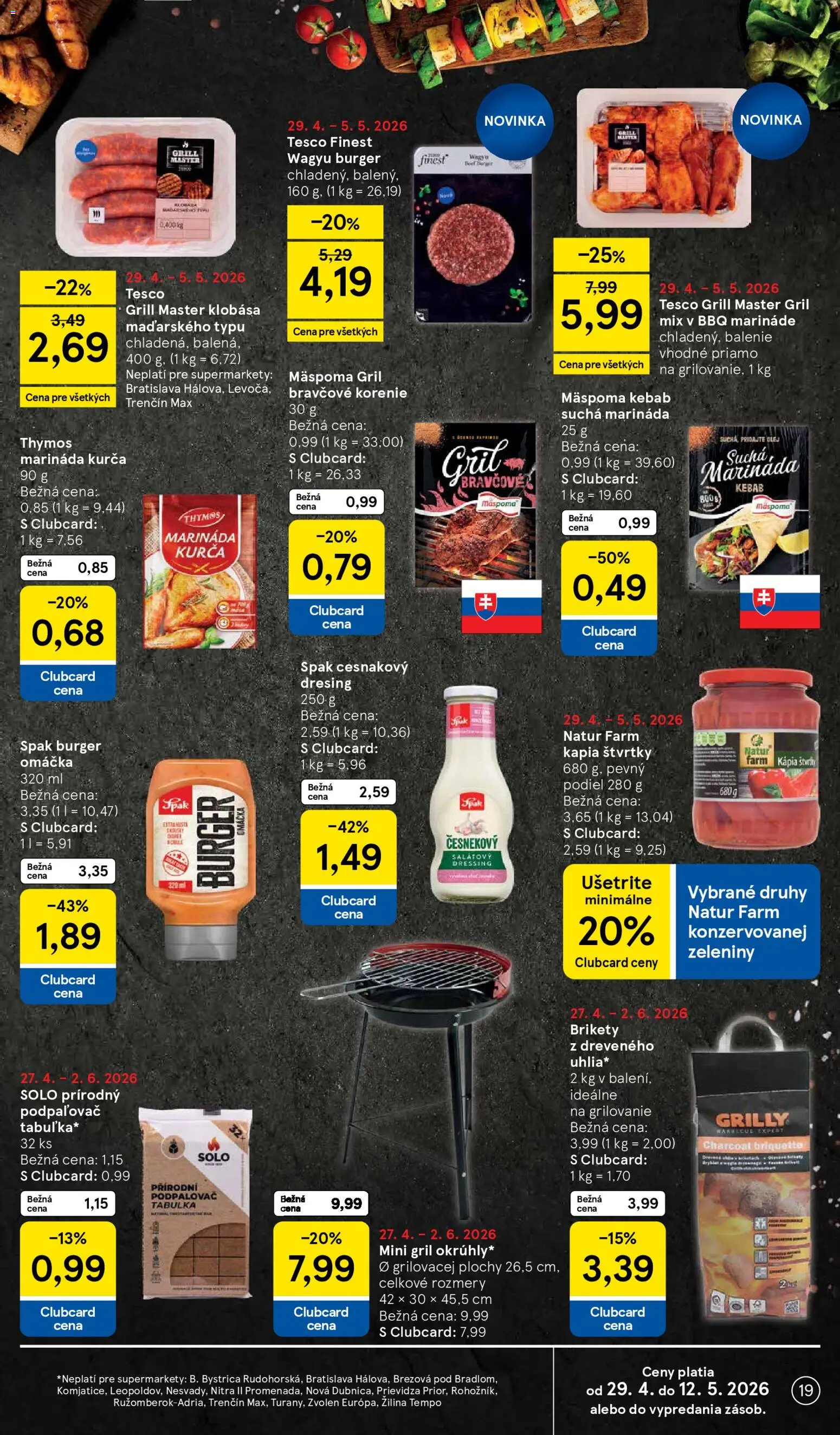 Nové Tesco akcie – leták je platný od 29.04.2026 | Strana: 19 | Produkty: Gril, Tablet, Korenie, Kurča