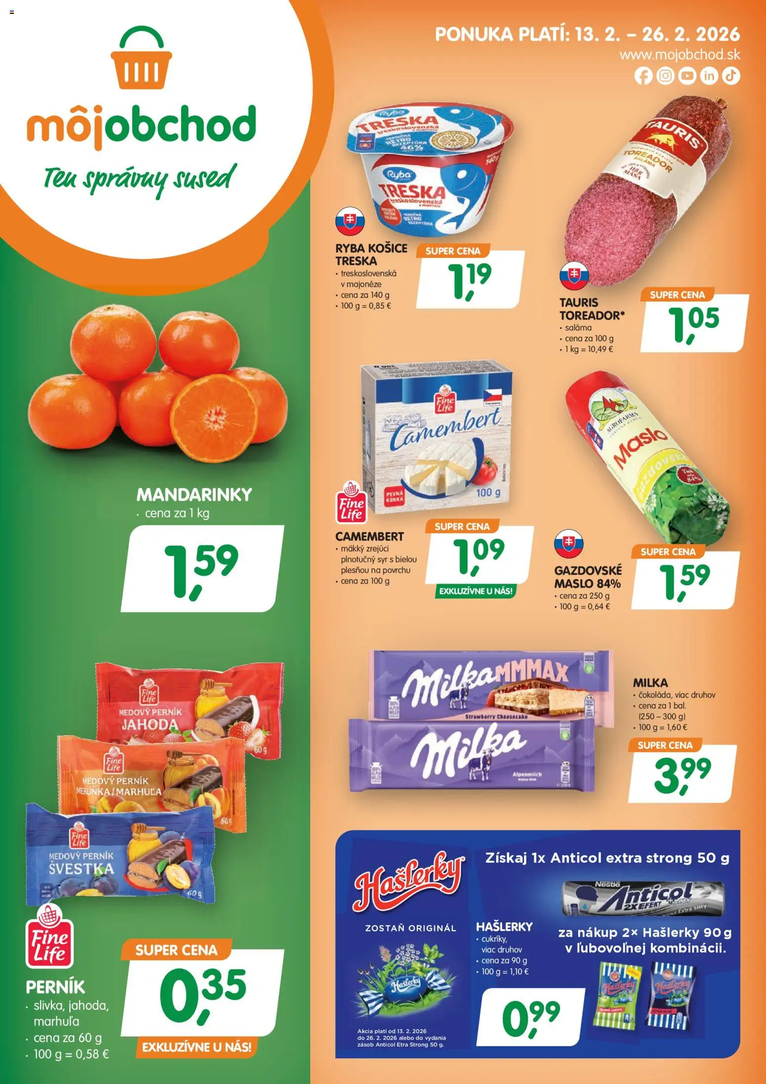 Nové Môj obchod akcie – leták je platný od 13.02.2026 | Strana: 1 | Produkty: Maslo, Syr, Ryba, Milka