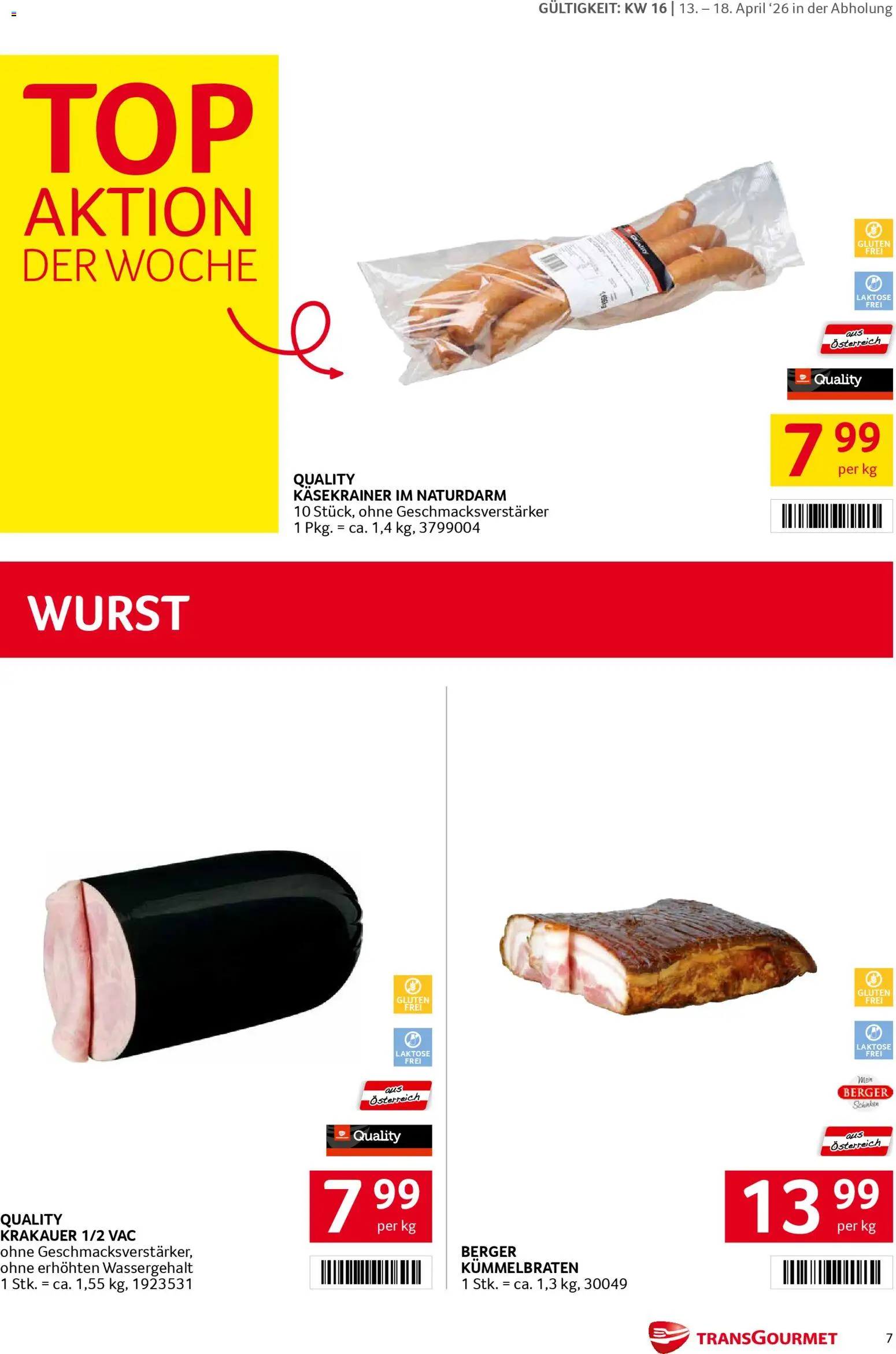 Transgourmet Flugblatt gültig ab 13.04.2026 | Seite: 7 | Produkte: Wurst