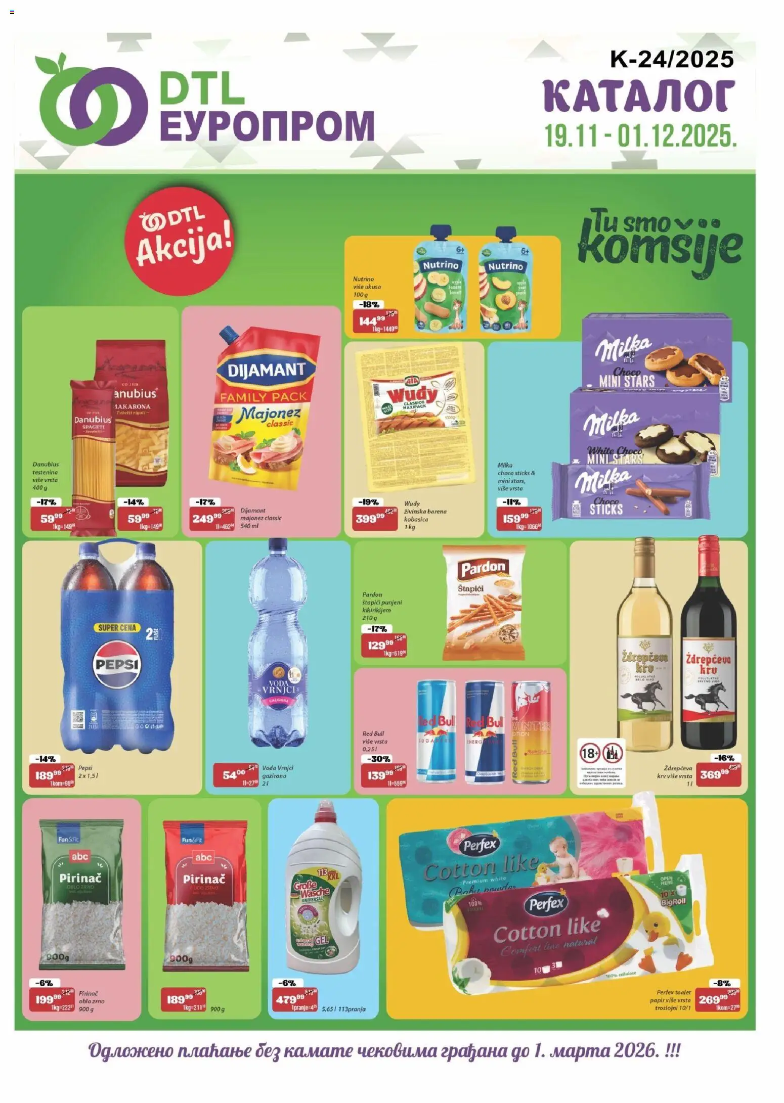 Europrom katalog - važi od 19.11.2025 | Strana: 1 | Proizvode: Voda, Špageti, Red Bull, Kobasica