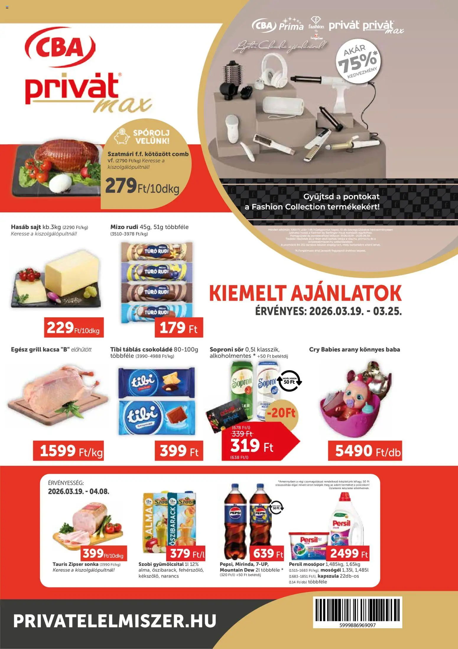 PRIVÁT akciós ujság - amely érvényes a következő dátumtól: 19.03.2026 | Oldal: 1 | Termékek: Őszibarack, Gyümölcsital, Túró rudi, Csokoládé