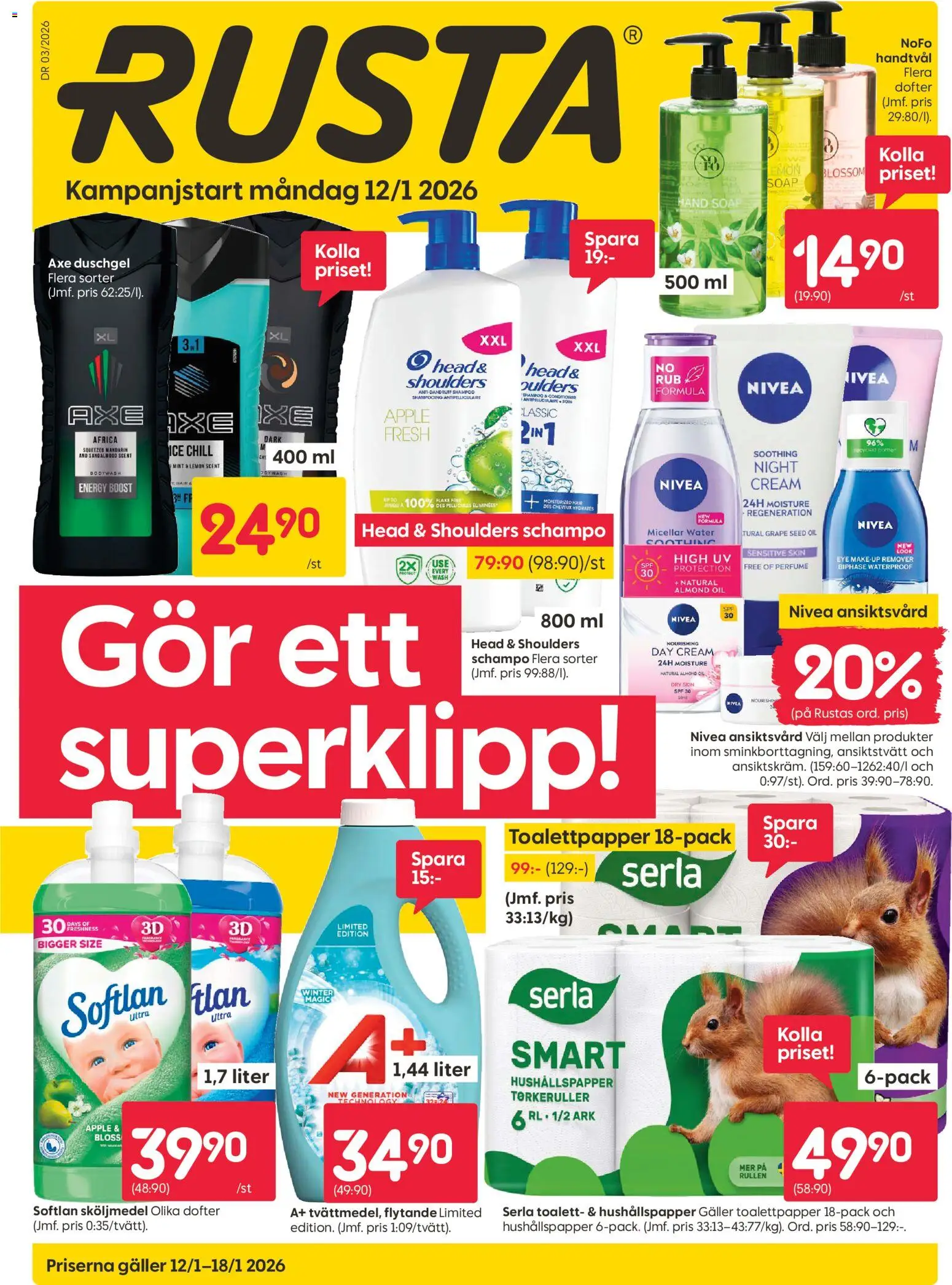 Rusta reklamblad aktuell från 12.01.2026 | Sida: 1 | Produkter: Schampo, Galler, Toalett, Handtvål