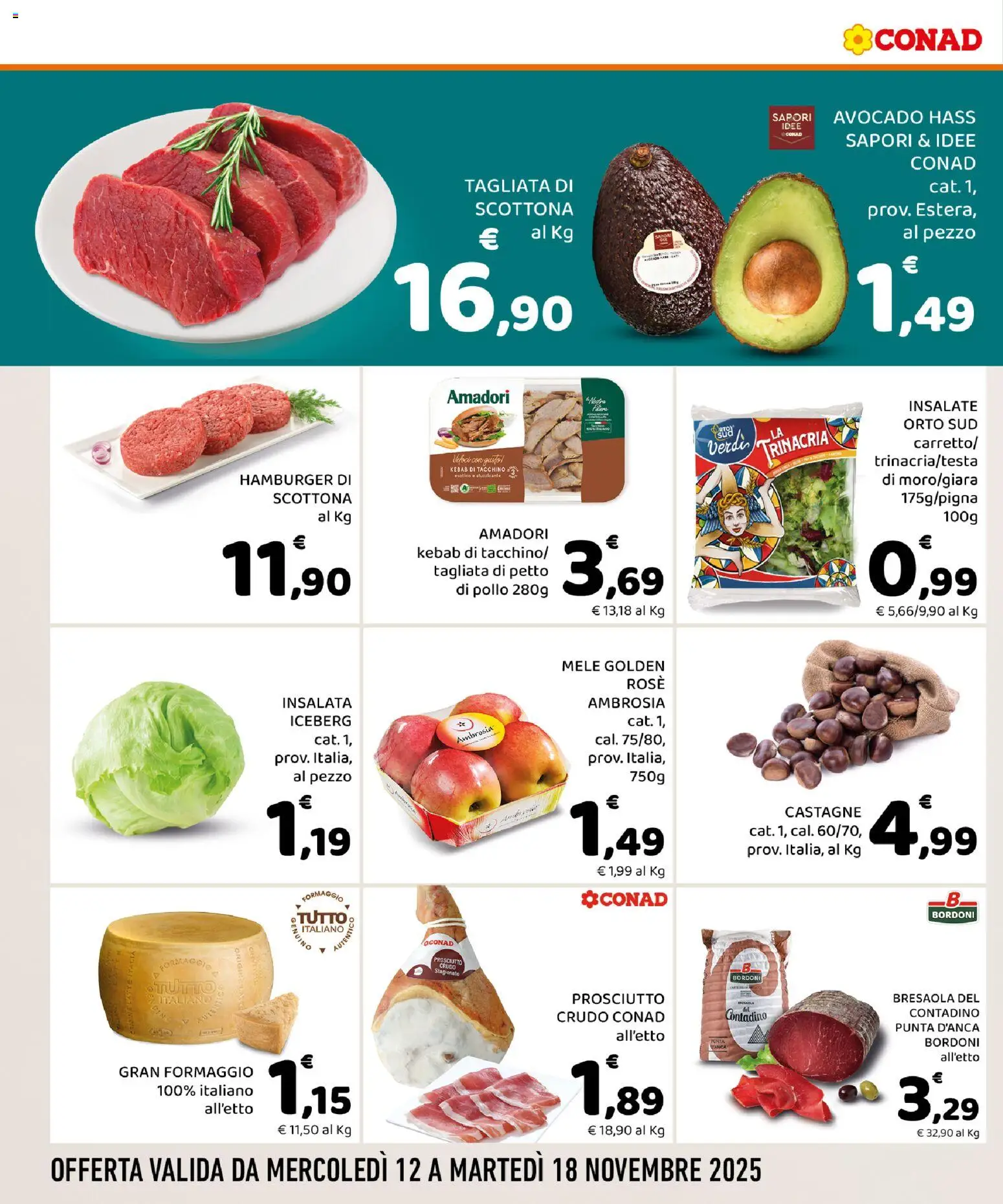 Volantino Conad del 12.11.2025 | Pagina: 2 | Prodotti: Pollo, Insalata, Prosciutto, Hamburger
