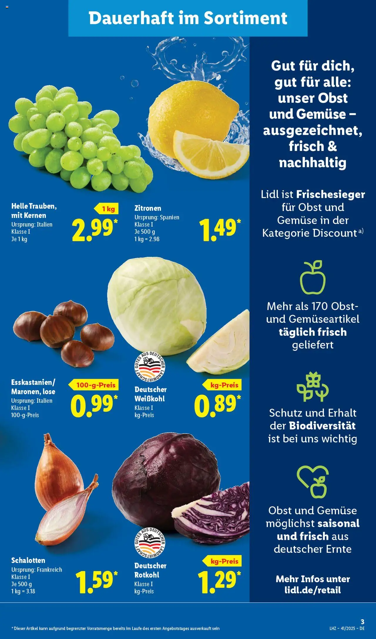 Lidl Prospekt Düsseldorf – gültig ab 06.10.2025 | Seite: 3 | Produkte: Rotkohl, Gemüse, Obst, Zitronen
