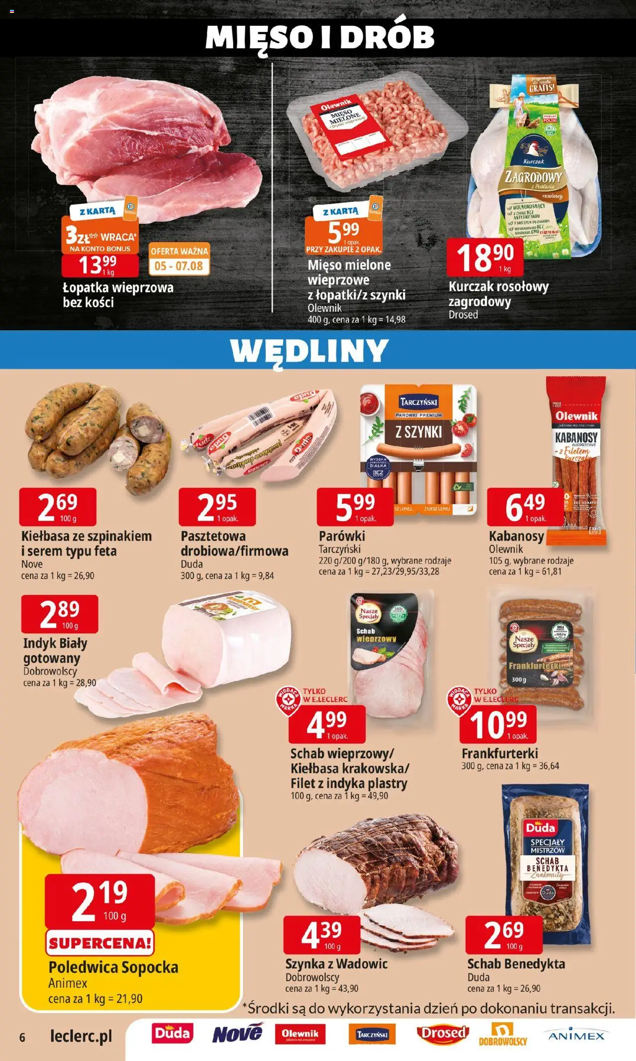 E.Leclerc Gazetka - Tychy od 05.08.2025 | Strona: 6 | Produkty: Kiełbasa, Kurczak zagrodowy, Łopatka wieprzowa, Wędliny