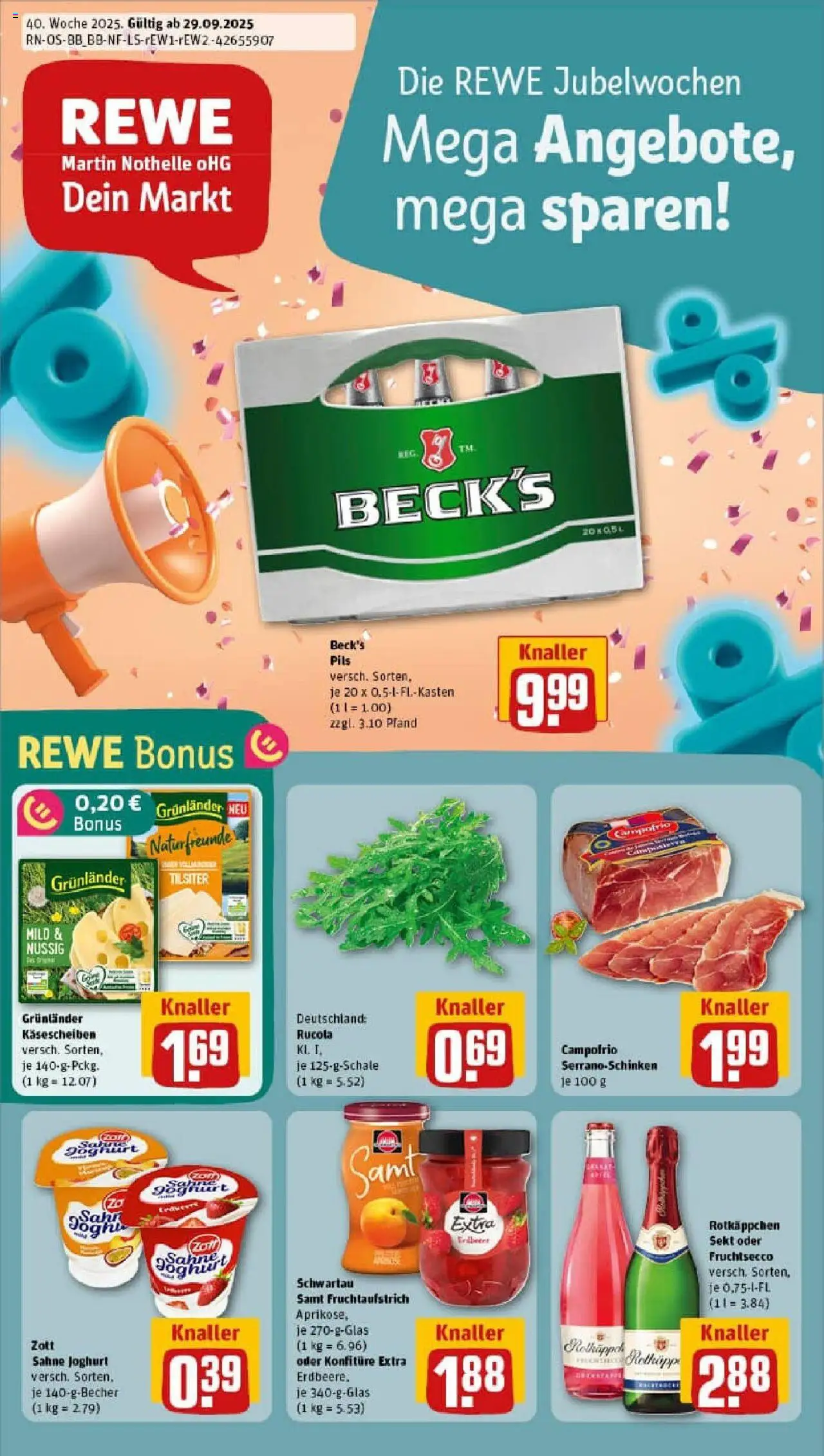 Rewe prospekt Berlin / Neukölln	 – gültig ab 28.09.2025 | Seite: 1 | Produkte: Schwartau samt, Sekt, Rucola, Fruchtsecco