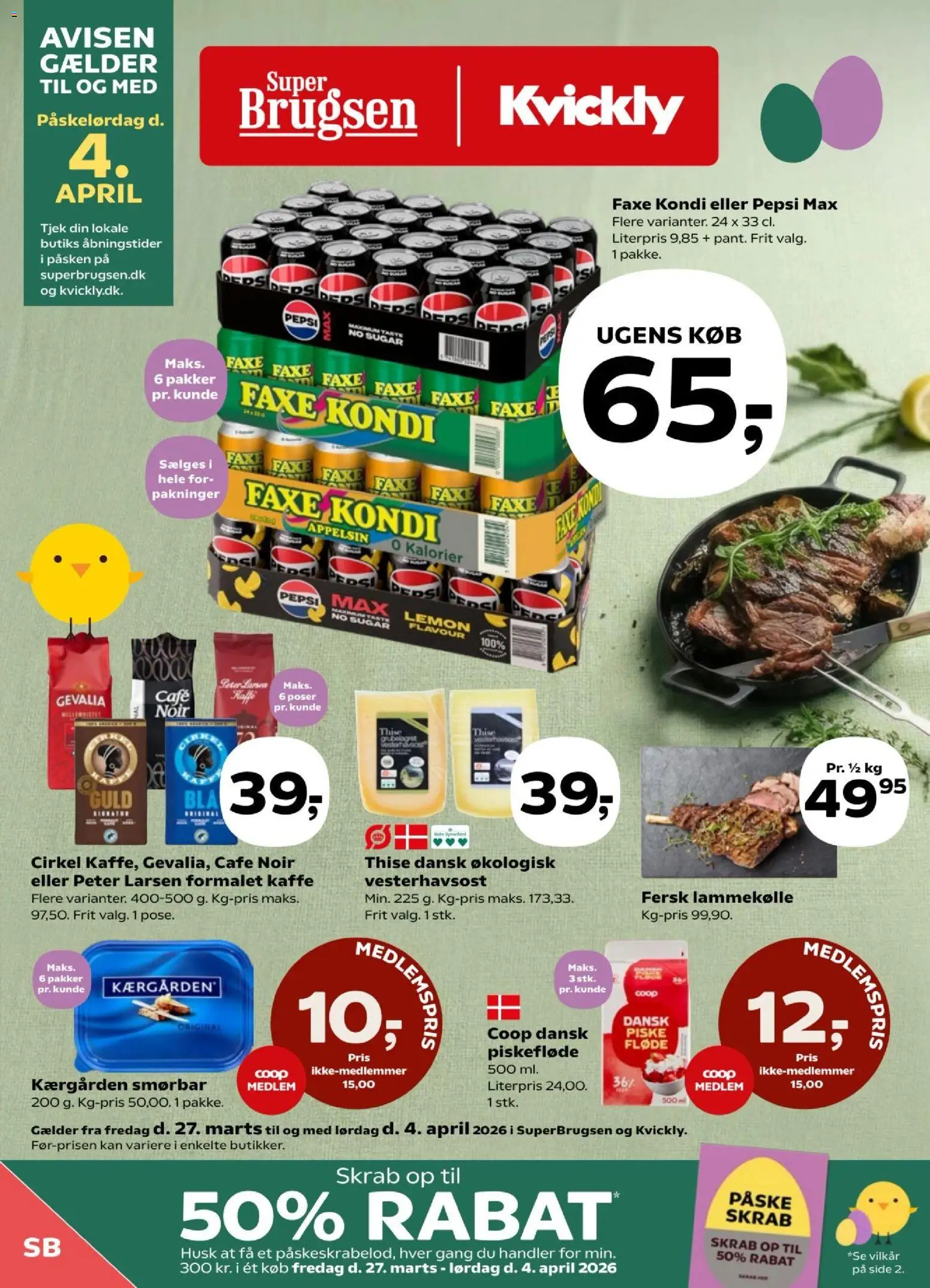 Super Brugsen tilbudsavis – gyldig fra 27.03.2026 | Side: 1 | Produkter: Fløde, Lammekølle, Faxe Kondi, Pepsi
