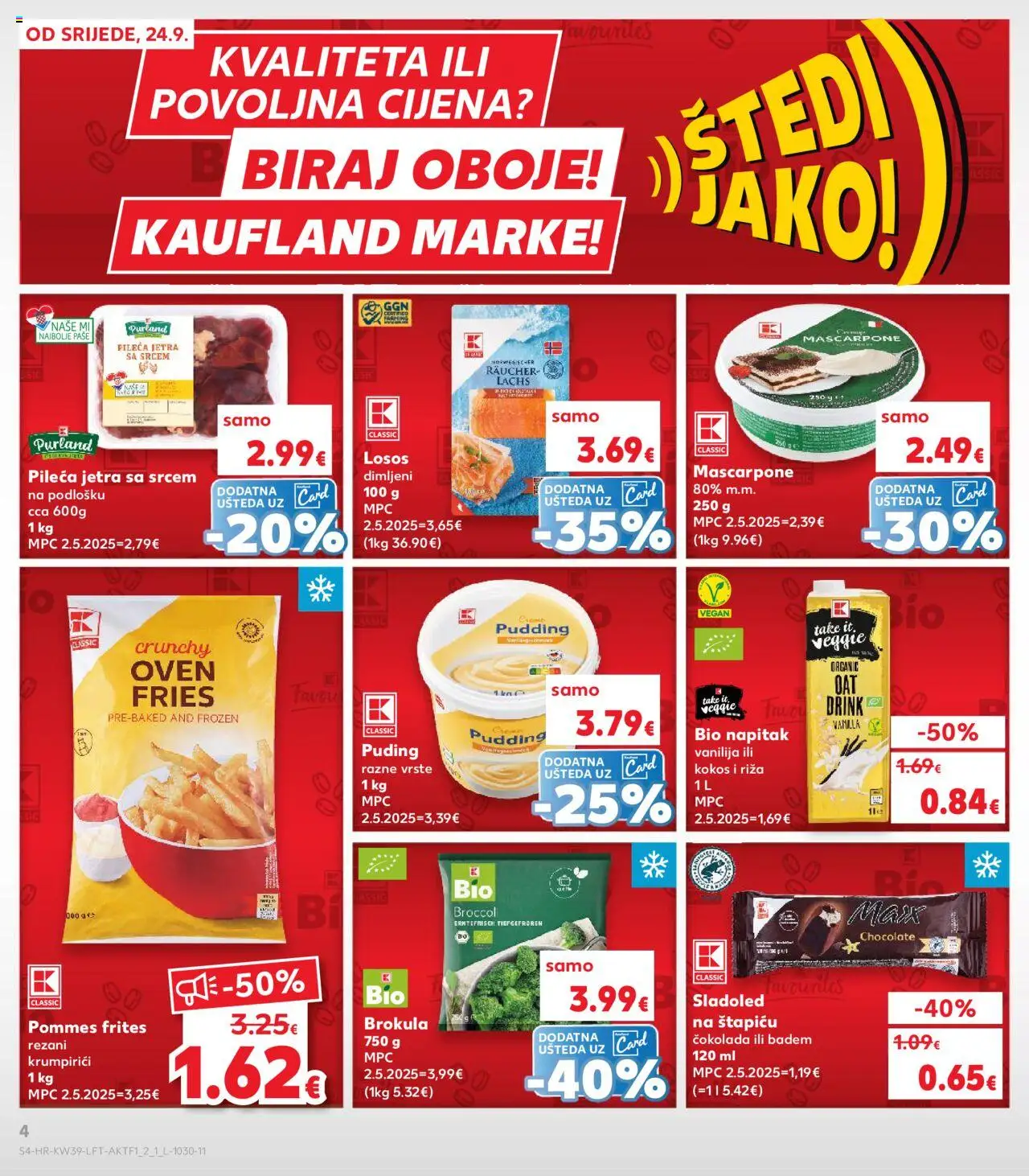Kaufland HR akciós ujság - amely érvényes a következő dátumtól: 24.09.2025 | Oldal: 4 | Termékek: Puding, Mascarpone, Vegán