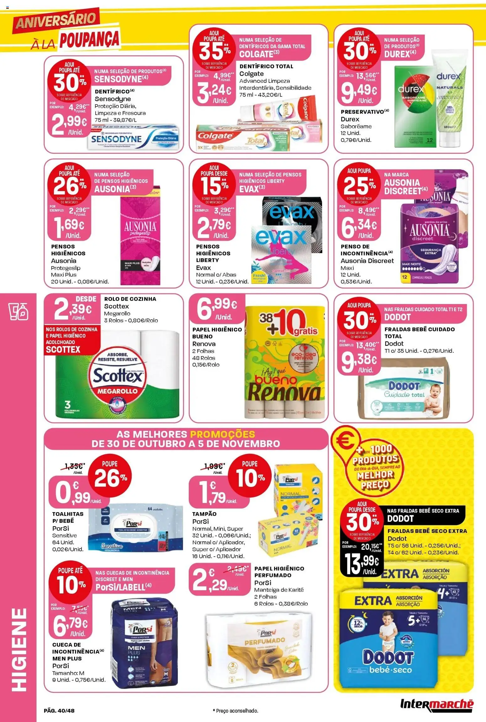 Intermarché - Aniversário à la poupança! » de 30/10/2025 - 05/11/2025 | Página: 40 | Produtos: Papel higiénico, Pensos higiénicos, Manteiga, Cuecas