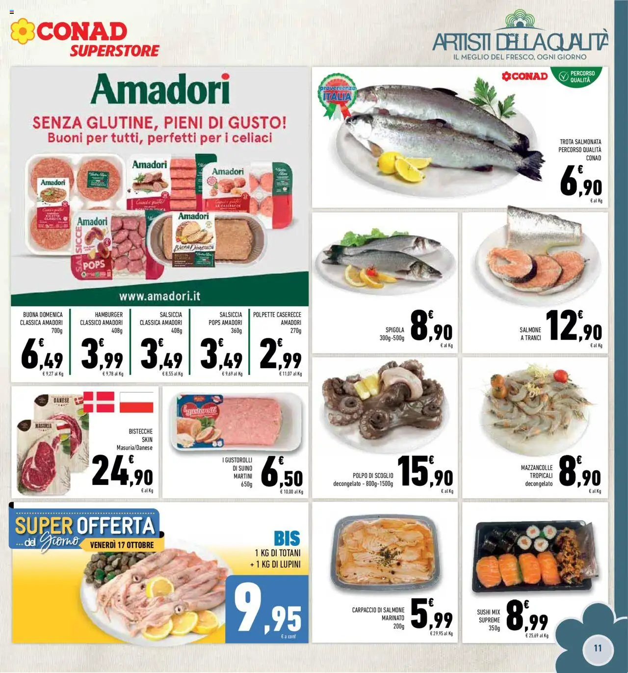 Volantino Conad del 08.10.2025 | Pagina: 11 | Prodotti: Lupini, Salmone, Mazzancolle, Polpette