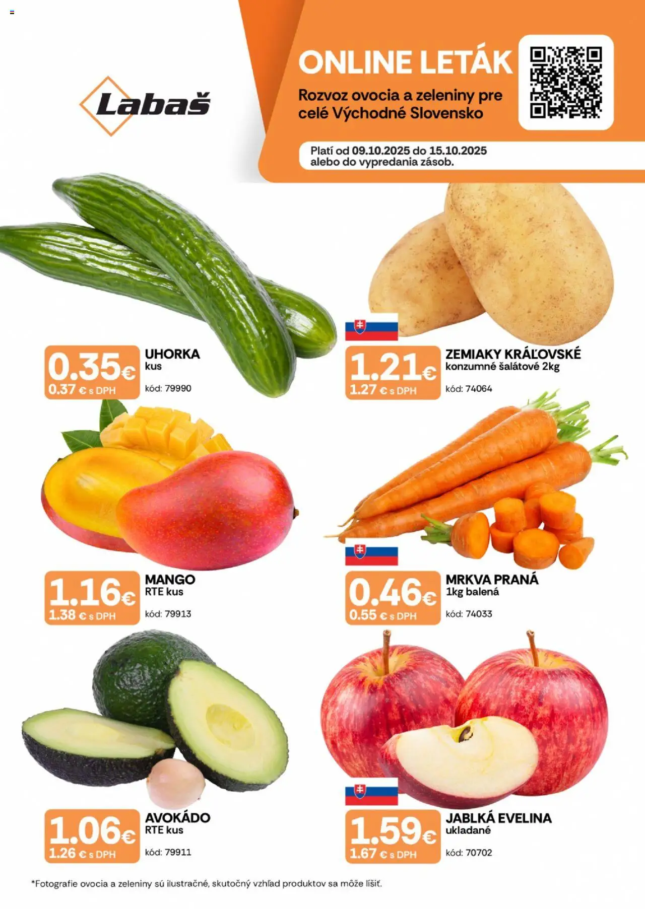 Nové Labaš akcie – leták je platný od 09.10.2025 | Strana: 1 | Produkty: Mrkva, Avokádo, Zemiaky, Mango
