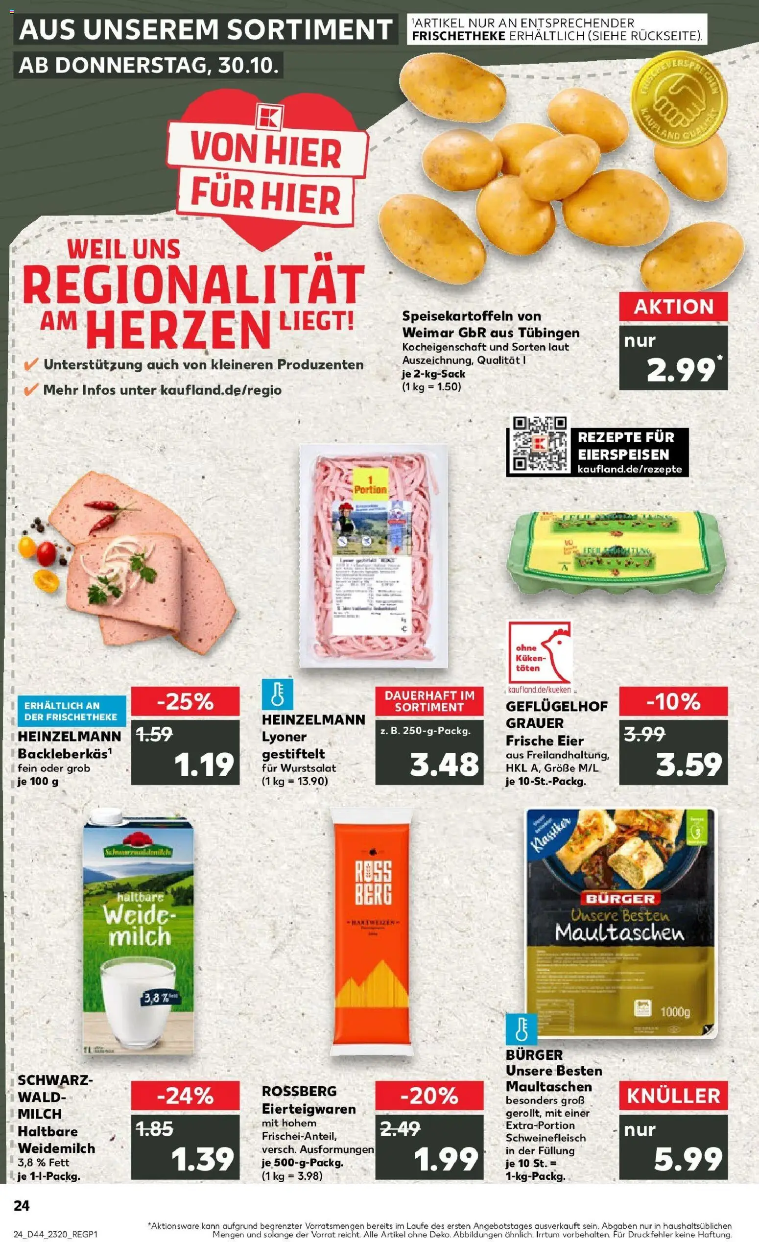 Kaufland prospekt Tübingen	 – gültig ab 30.10.2025 | Seite: 24 | Produkte: Burger, Pasta, Schweinefleisch, Maultaschen