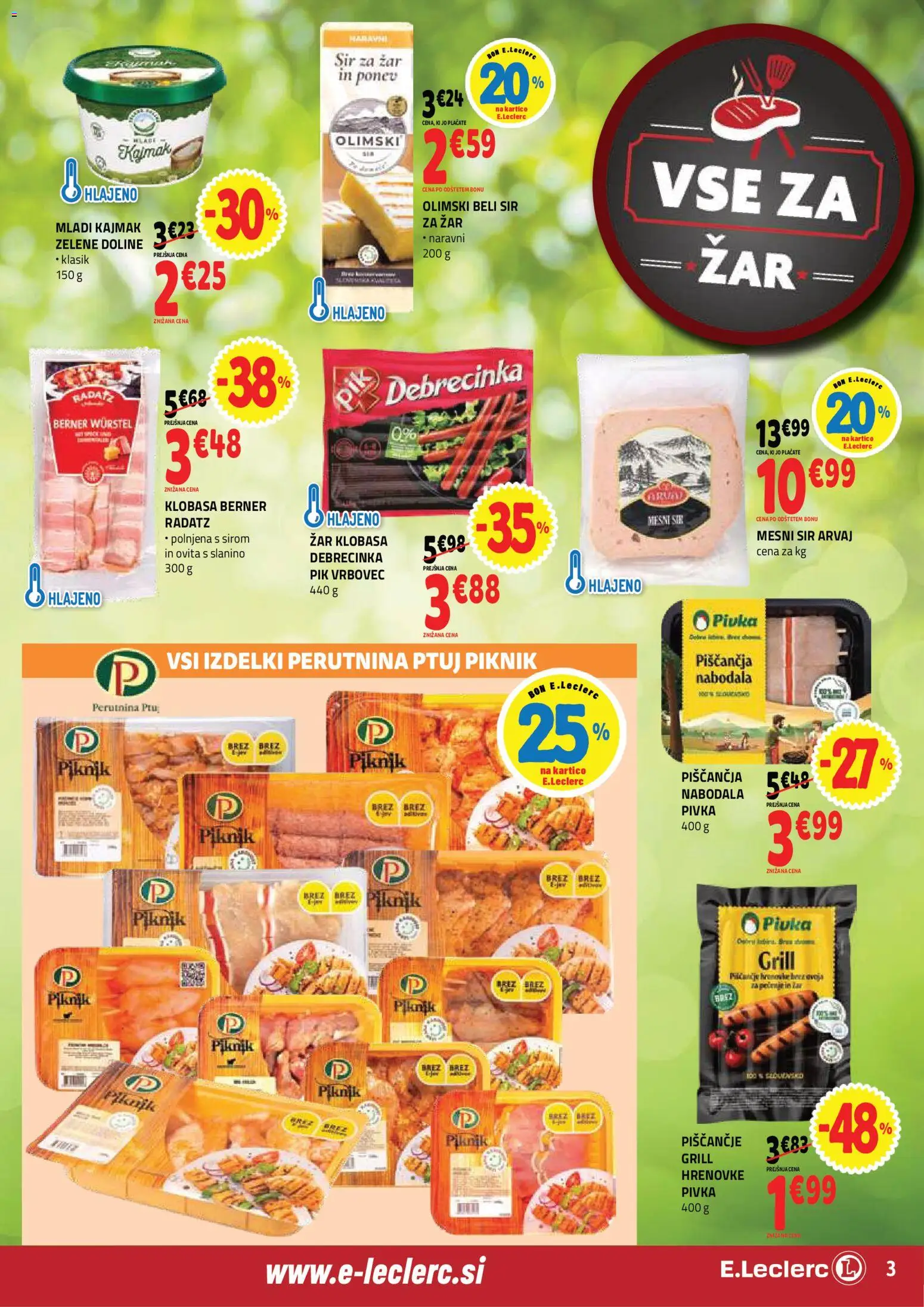 Novi E.leclerc katalog ponudbe – veljaven od 22.04.2026 | Stran: 3 | Izdelki: Hrenovke, Kajmak, Limpiador íntimo, Grill