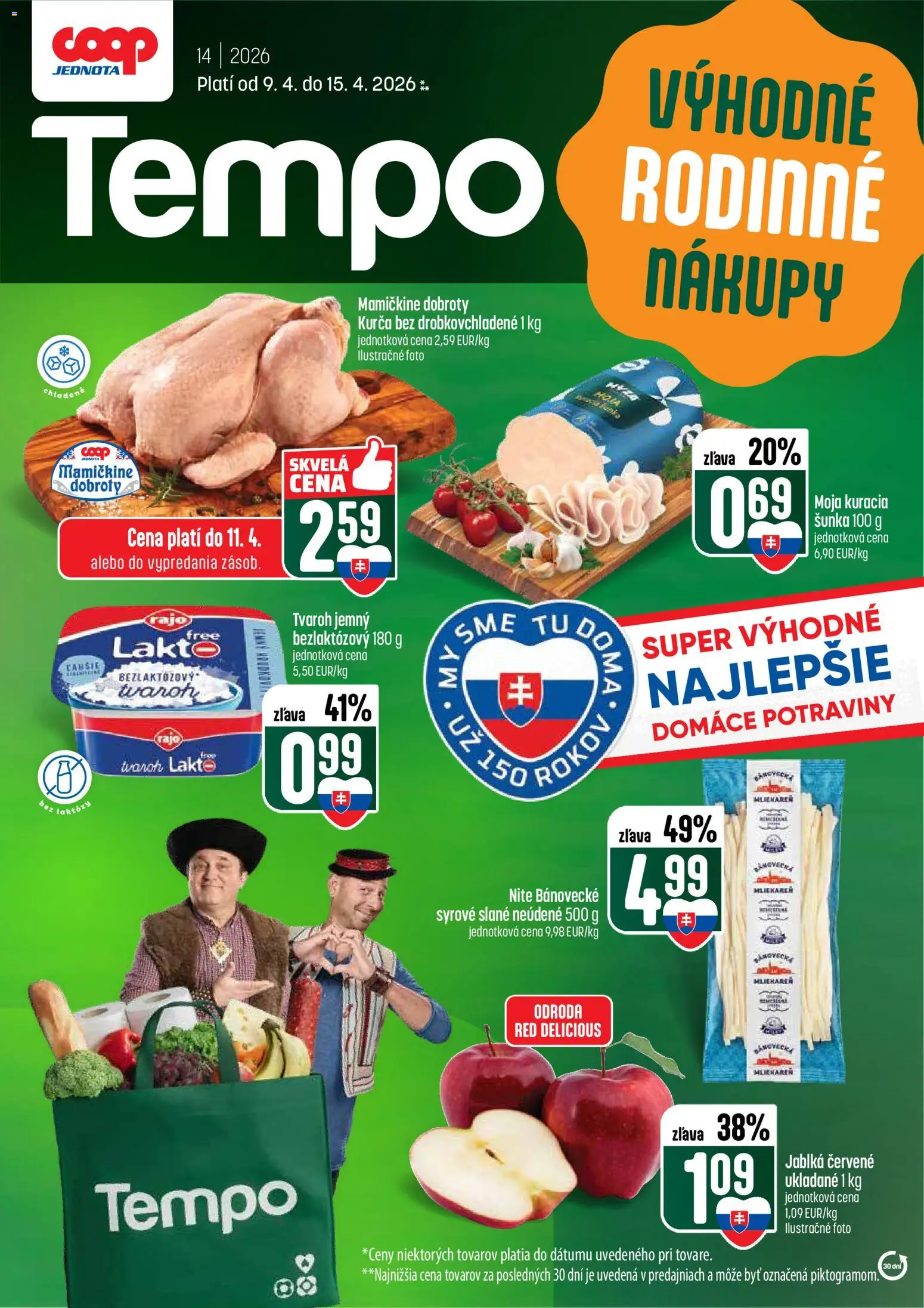 Nové COOP Jednota akcie – leták je platný od 09.04.2026 | Strana: 1 | Produkty: Šunka, Jablká, Tvaroh, Kurča
